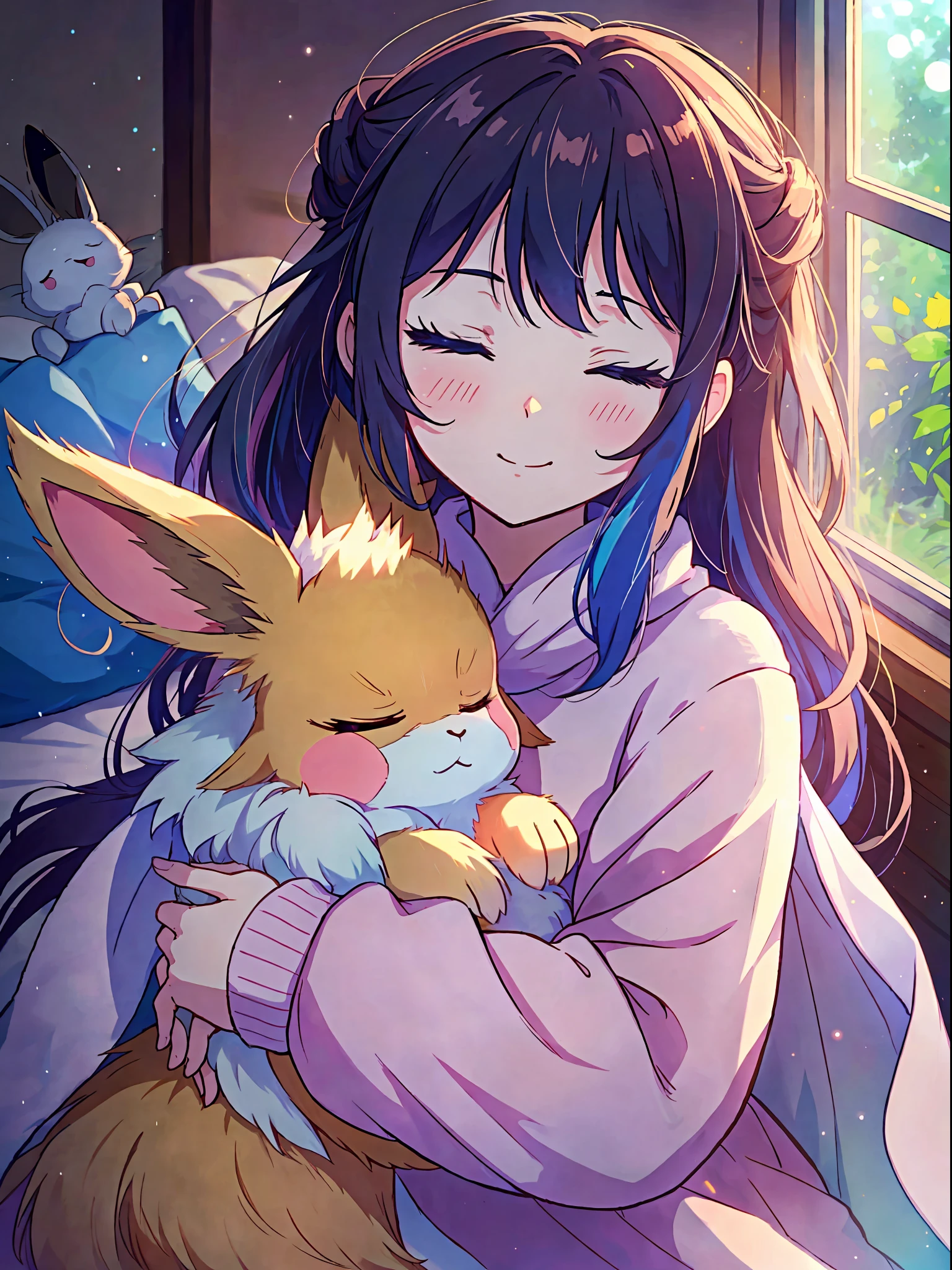 cute smol happy 1girl hugging her solo cute happy floofy (eevee)+ pokemon, warm lighting, loving, cozy bedroom, colorful, (eyes closed)+, blankets