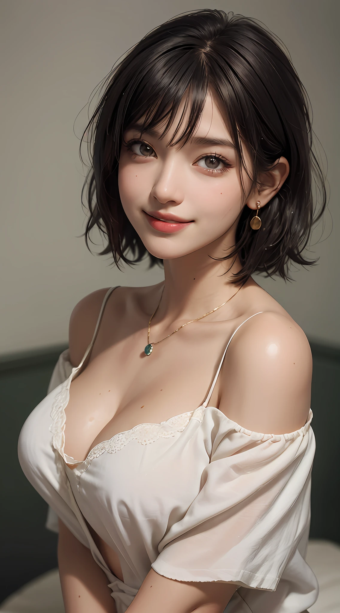 (top quality, 8k, masterpiece: 1.3), pretty woman with perfect figure: 1.4, dark brown hair, big, wearing pendants, torn shorts, sleeping in bedroom, very detailed face and skin, detailed eyes, double eyelids, top quality, masterpiece, (photorealistic: 1.4), one woman, golden ratio, high angle shot, upper eye care, low angle shot, perfect face, beautiful figure, cute face, face close-up, zoom in on face, short bob, short hair, smile from different angles, smile, gloss, highlight, gloss, glossy on skin, glossy on skin, wet skin, wet, bangs, cute smile, bust, off-shoulder, refreshing charm, elegant, perfect hands, smile from angle, smile, shiny, highlight, glossy skin, bangs, bust, big, Warm off-shoulder, refreshing charm, ears out, gaze to the camera, poses at different angles
