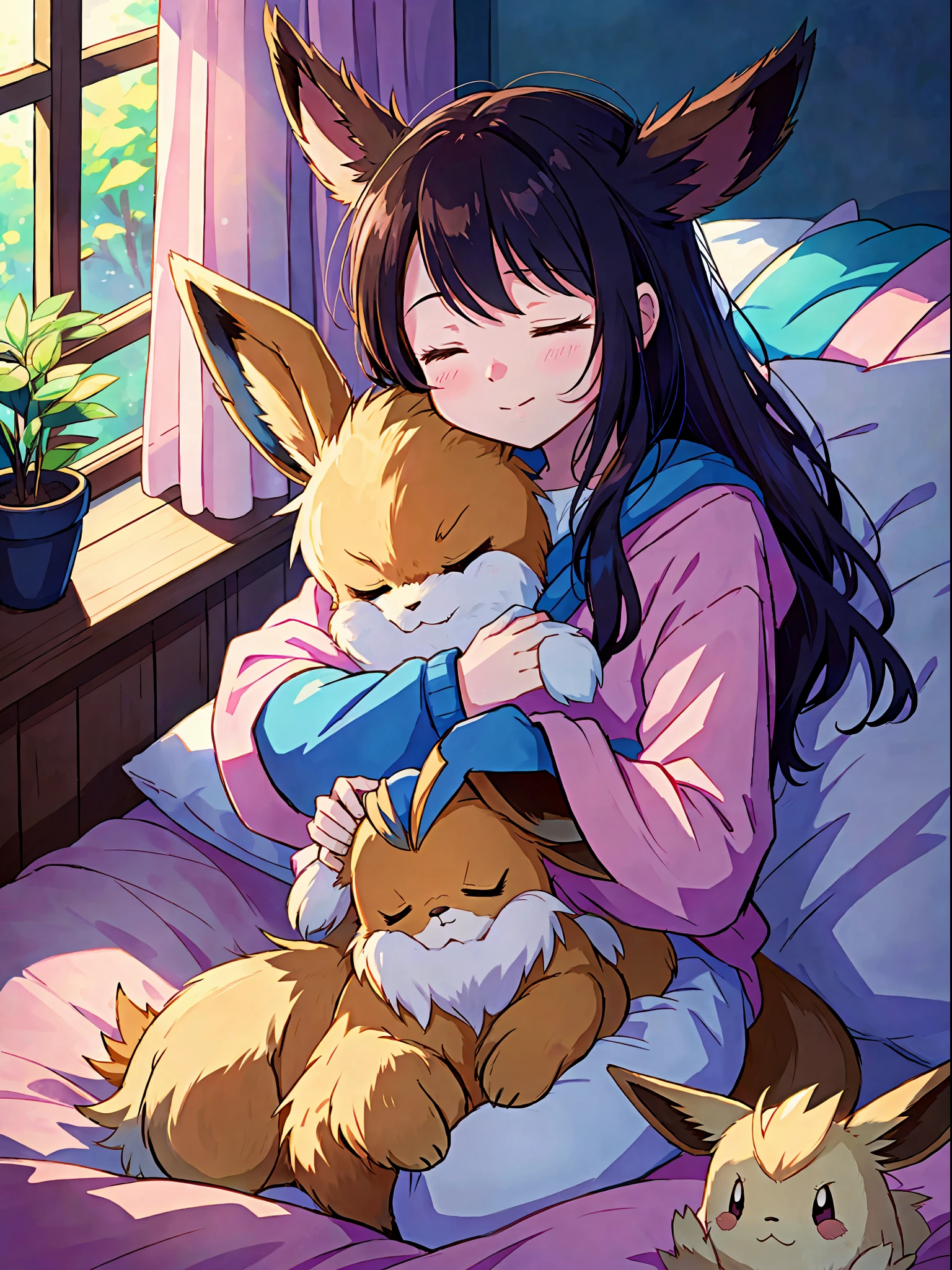 cute smol happy 1girl hugging her solo cute happy floofy (eevee)+ pokemon, warm lighting, loving, cozy bedroom, colorful, (eyes closed)+, blankets