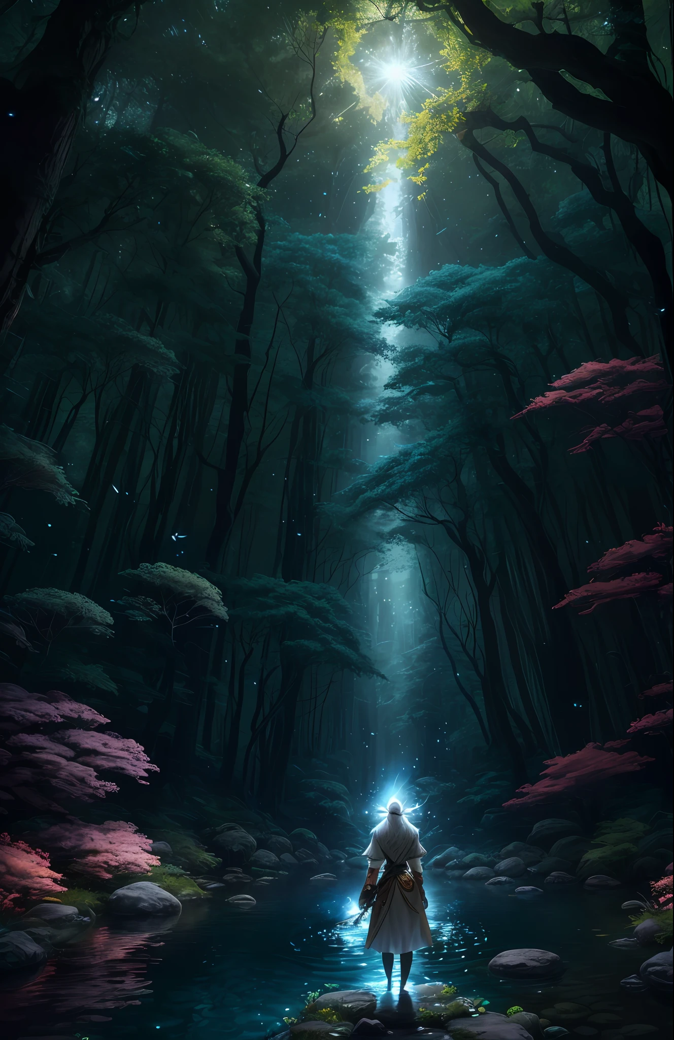 Masterpiece, best quality, (very detailed CG unified 8k wallpaper), (best quality), (best illustration), (best shadow), close-up of a woman with white hair and white mask, beautiful figure painting, Guvitz, Guvitz-style artwork, white-haired god, Yang J, epic exquisite character art, amazing character art, Fan Qi, Wu Jun Shifan, Guviz in pixiv art station, glowing elf, with a glowing deer, drinking water in the pool, Natural elements in forest theme. Mysterious forest, beautiful forest, nature, surrounded by flowers, delicate leaves and branches surrounded by fireflies (natural elements), (jungle theme), (leaves), (branches), (fireflies), (particle effects) and other 3D, Octane rendering, ray tracing, super detailed