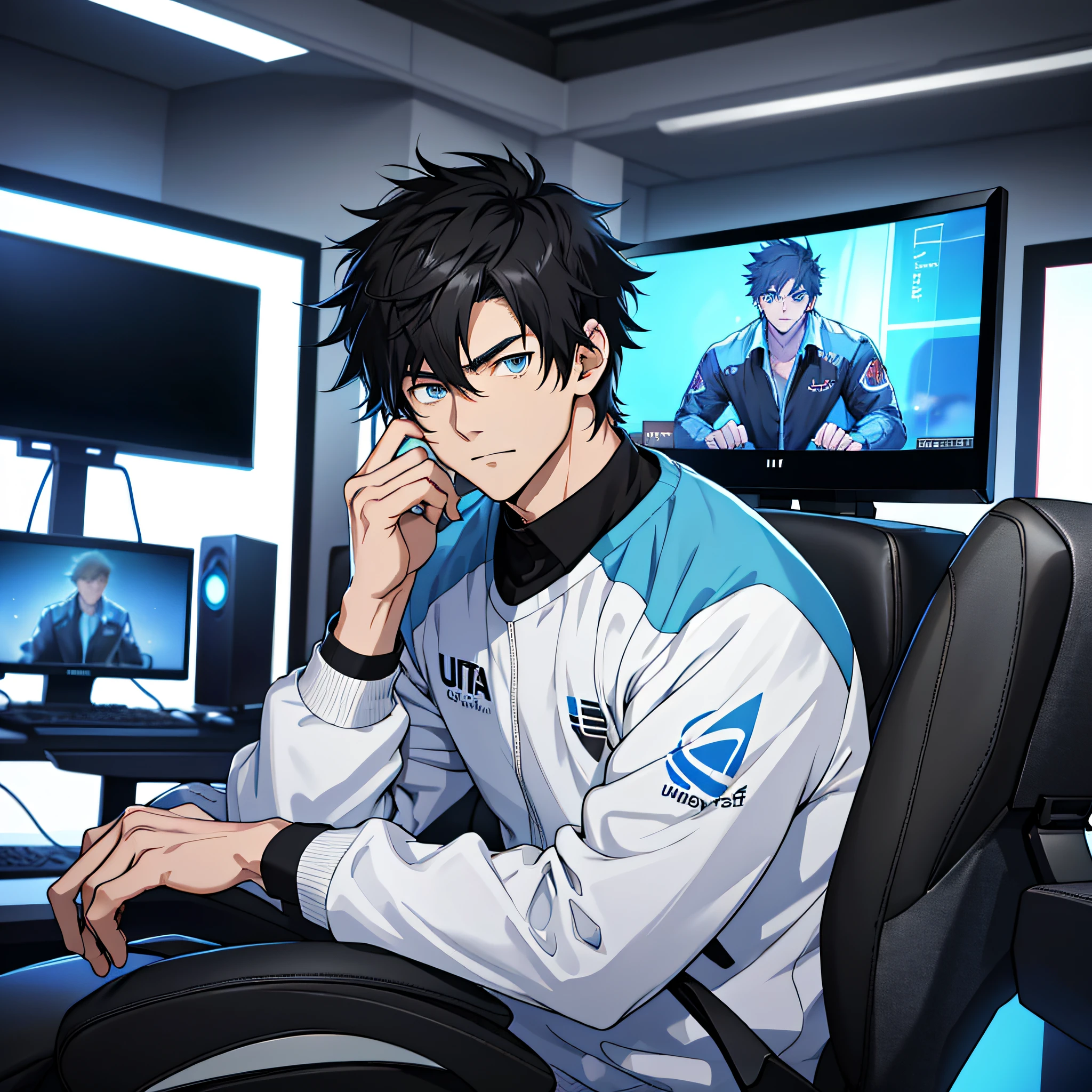 Best quality: 1.0), (Ultra High Resolution: 1.0), anime boy, short black hair, blue eyes, sitting in front of computer playing games, background in esports room
