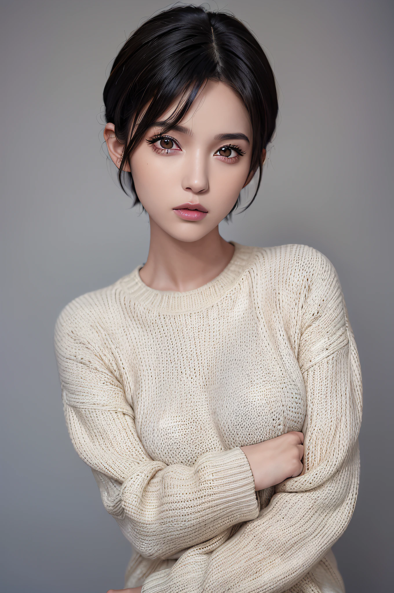 (masterpiece:1.3), (8k, photorealistic, RAW photo, best quality: 1.4), (1girl), beautiful face, (realistic face), (black hair, short hair:1.3), beautiful hairstyle, realistic eyes, beautiful detailed eyes, (realistic skin), beautiful skin, (sweater), absurdres, attractive, ultra high res, ultra realistic, highly detailed, golden ratio