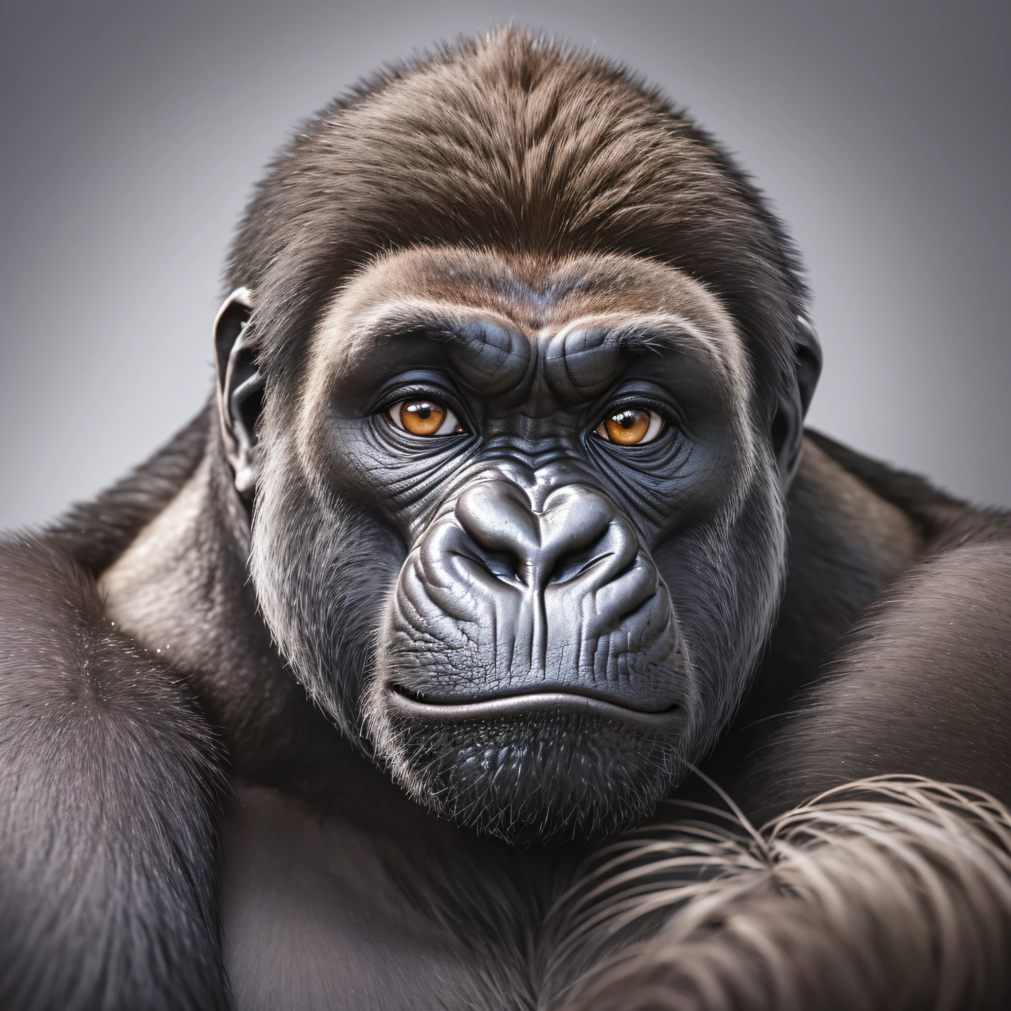 Create a hyper-realistic portrait of a majestic gorilla, capturing every intricate detail of its features and expressions. The image should be in high definition (HD) with an astonishing 8K resolution, allowing for incredible clarity and lifelike textures. Pay special attention to the gorilla's eyes, showcasing the depth and wisdom within. Use precise lighting techniques to emphasize the gorilla's rugged yet gentle nature. The background should be minimalistic, allowing the focus to remain on the gorilla itself. --auto --s2