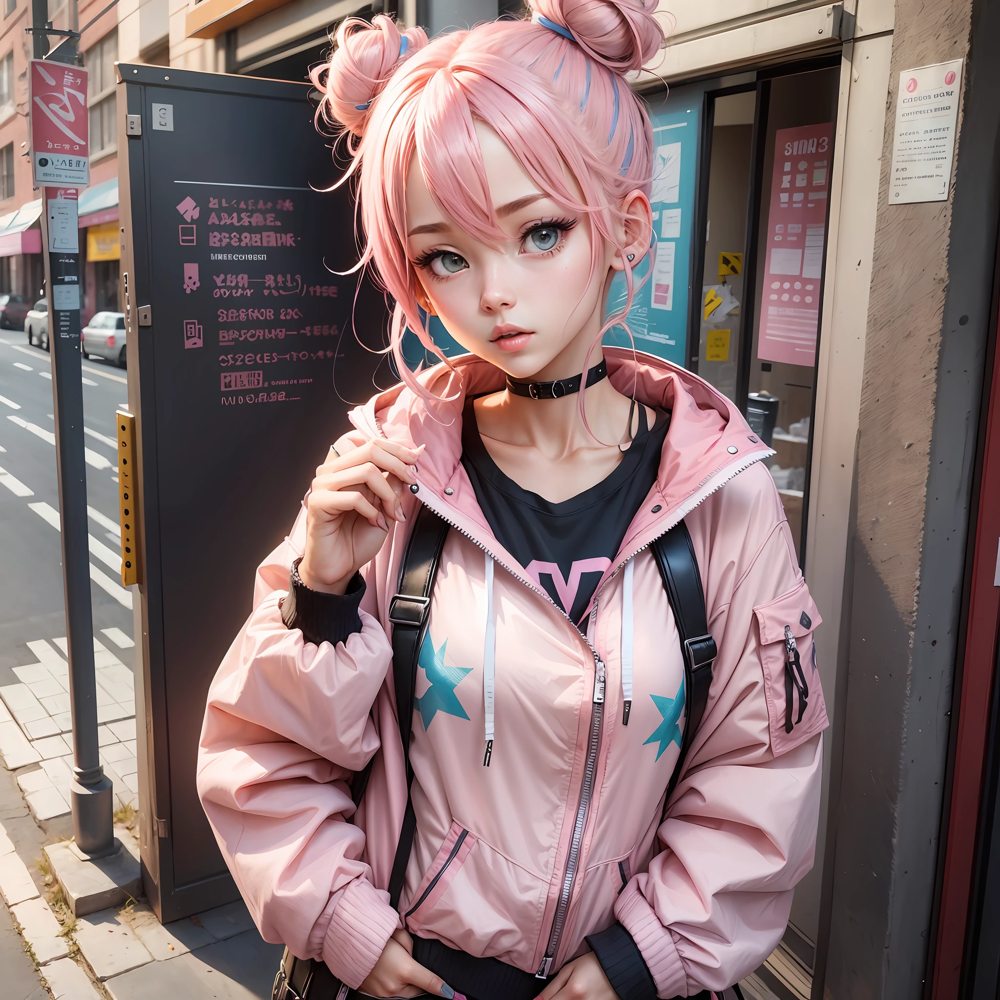 One Girl Anime Pink Hair Two-Side Bun Hair Jacket Yankee --auto --s2