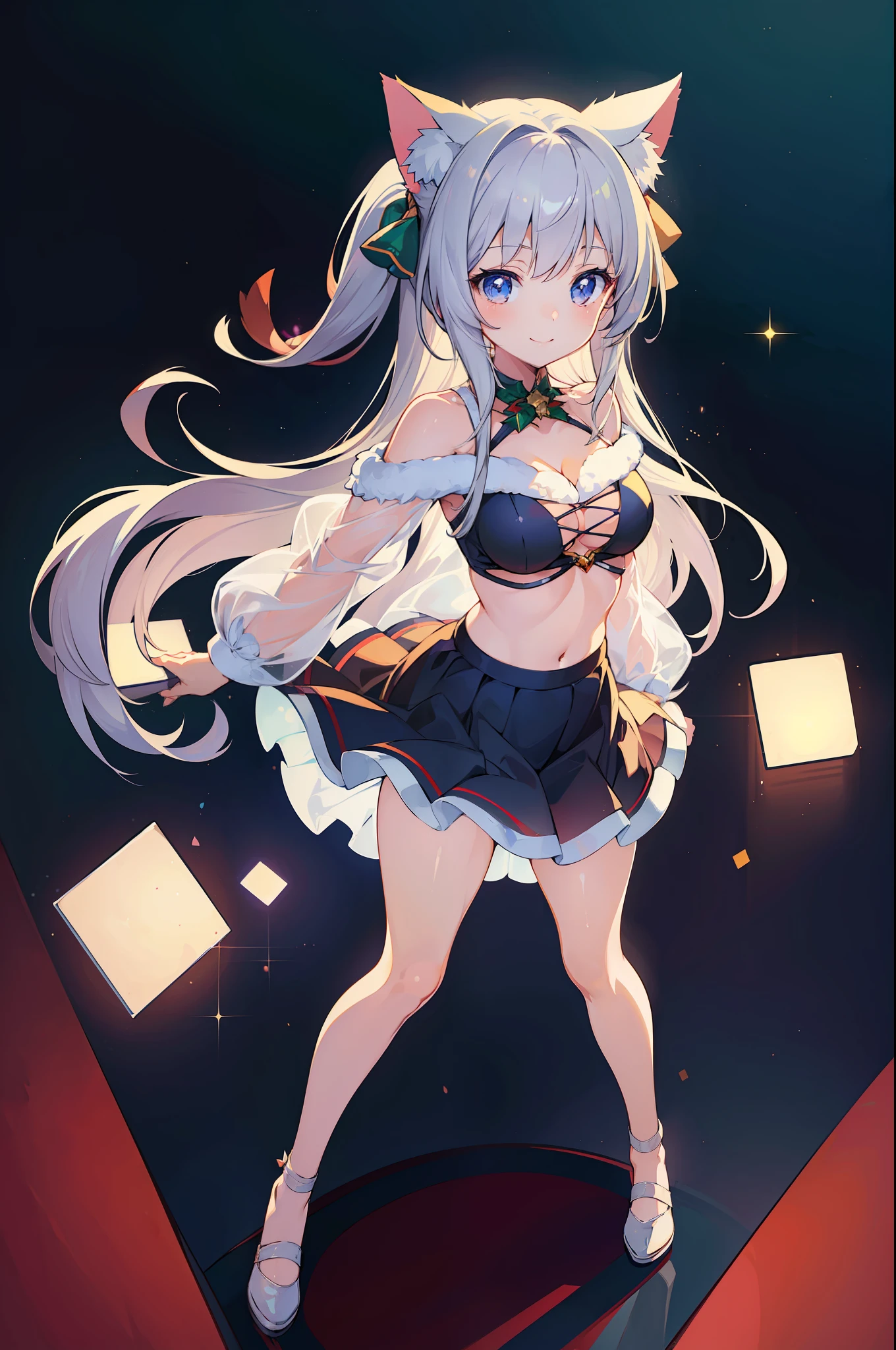 (Masterpiece), (Top Quality Anime Illustration), (Super Definition), One Girl, Solo, Silver-haired Beautiful Girl, Anime Loli, Cat Ear Loli, Miniskirt Santa, See-through, Off-Shoulder, Smile, Cleavage Emphasis, Underboob, Open Stance, Thighs