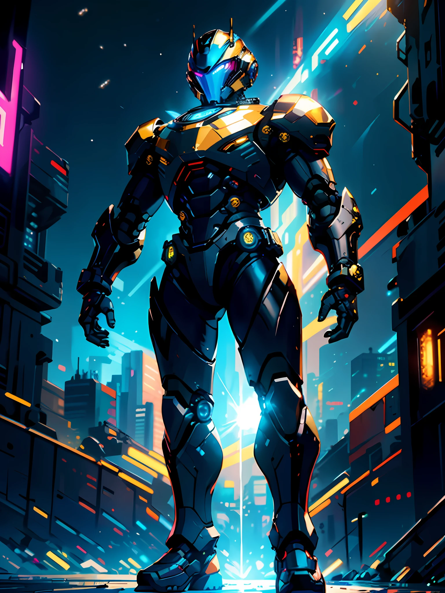 masterpiece, best quality, ultra detailed, colorful, lens flare, solo, robot, modular helmet, glowing eyes, robot joints, jewelry ornament, black armor, shining parts, full body, muscular, dynamic pose, sparkling, starry sky, cyberpunk,