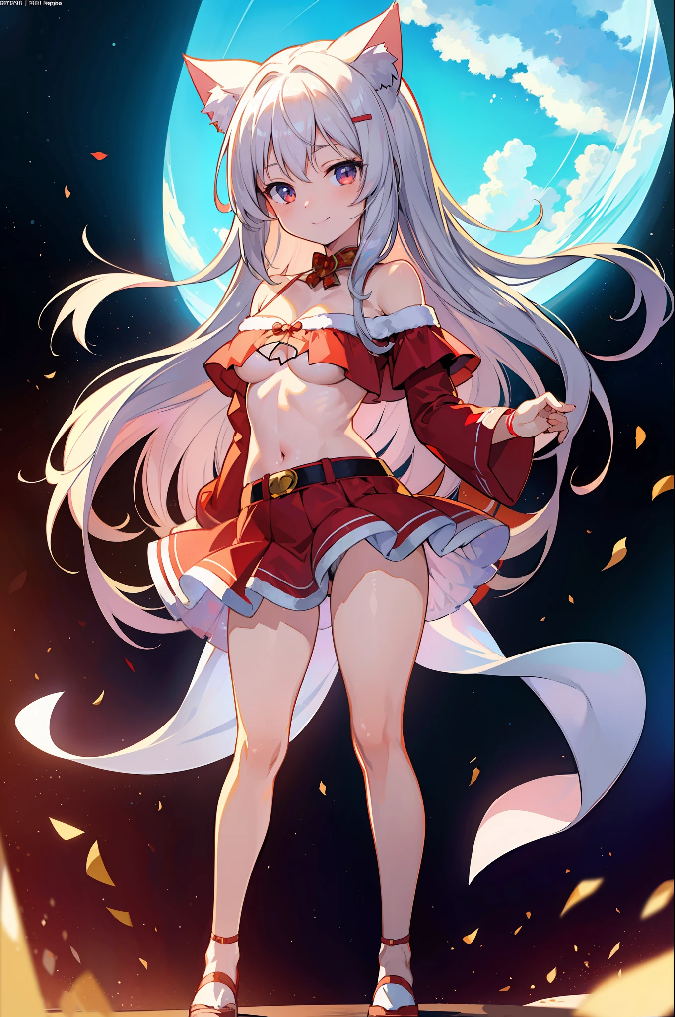 (Masterpiece), (Top Quality Anime Illustrations), (Super Definition), One Girl, Solo, Silver-haired Beautiful Girl, Anime Loli, Cat Ear Loli, Red and White See-Through Santa, Miniskirt Santa, Off Shoulder, Smile, Small Breasts, Cleavage Emphasis, Underboob, Open Stance, Thighs