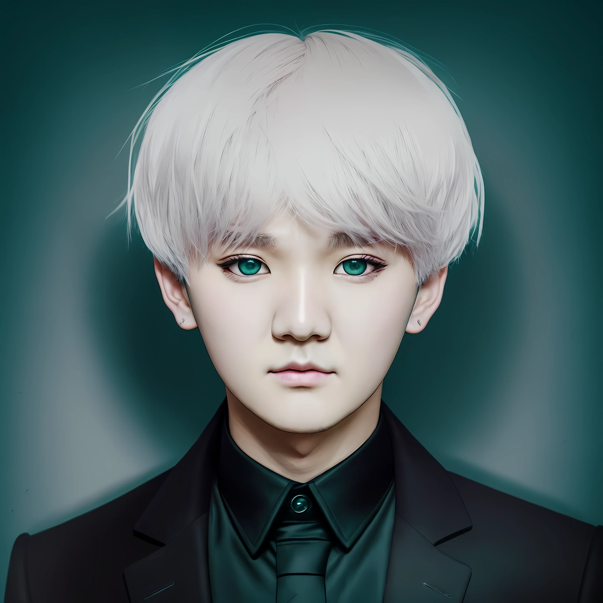Photo, realistic, portrait. I created a portrait of artist Suga (Min Yoongi of BTS). Short hair. Blonde hair. Crooked smile. Black eyes. Demonic eyes. Shadows. Dark. He wears a dark green overcoat, white T-shirt underneath, black pants, and wears an army necklace. Low light. Malicious expression. Eyes completely black. demon. Real. Real photo. Visual dark. --auto --s2