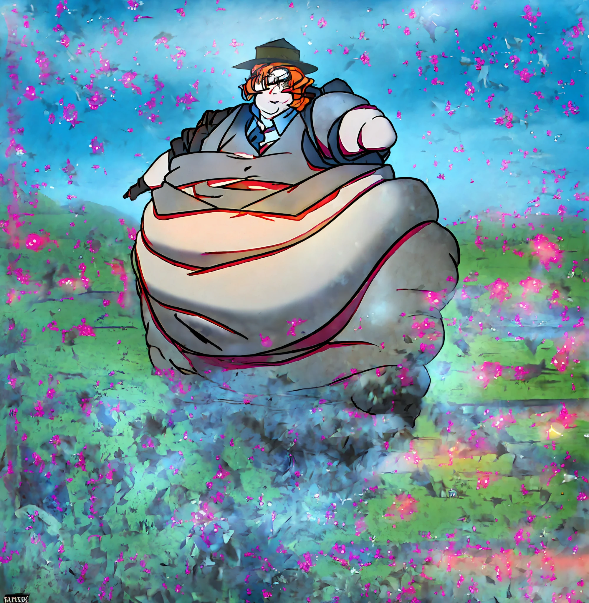 Anime styled pictures of a handsome fat Young man ,he has a jiggly fat round belly, insanely inflated hips, exaggeratedly large physique, real life big mom, obese ), smooth pale skin, fat woman, extremely plump, obese, giantess art, bbwchan, thick body, anime, (Male) , handsome, (Chuuya Nakahara from Bungou Stray dogs), ((medium length, Messy orange hair )), fox like Grey eyes , ((Grey vest,white shirt, black jacket oves the shoulder, Black fedora)), pale Skin ,(( thick thighs, immensely inflated Hips)), ((Morbidly obese)), (giant,fat Belly), Proportionally large arm and Legs, chubby cheeks, double chins.
