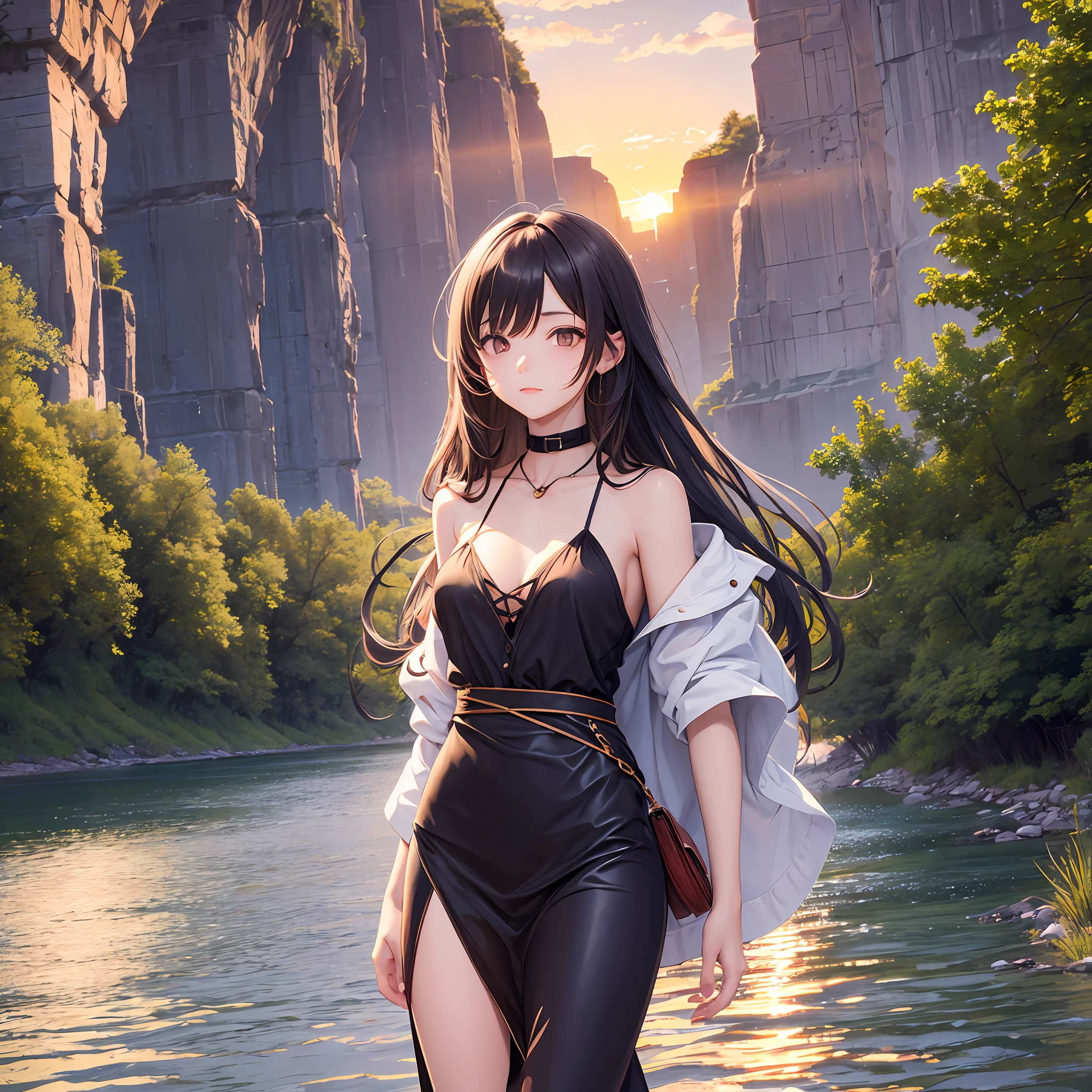 Long hair and waist, skinny little woman, sunset, by the river --auto --s2