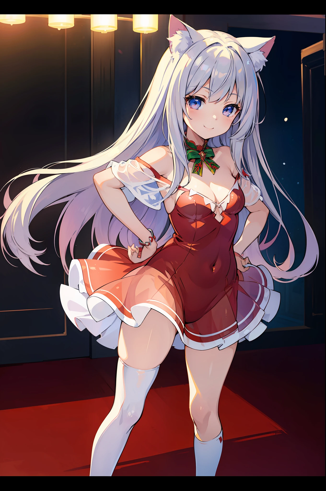 (Masterpiece), (Top Quality Anime Illustrations), (Super Definition), One Girl, Solo, Silver-haired Beautiful Girl, Anime , Cat Ear Lolid and White See-Through Santa, Miniskirt Santa, Off Shoulder, Smile, Small Breasts, Cleavage Emphasis, Underboob, Open Stance, Thighs
