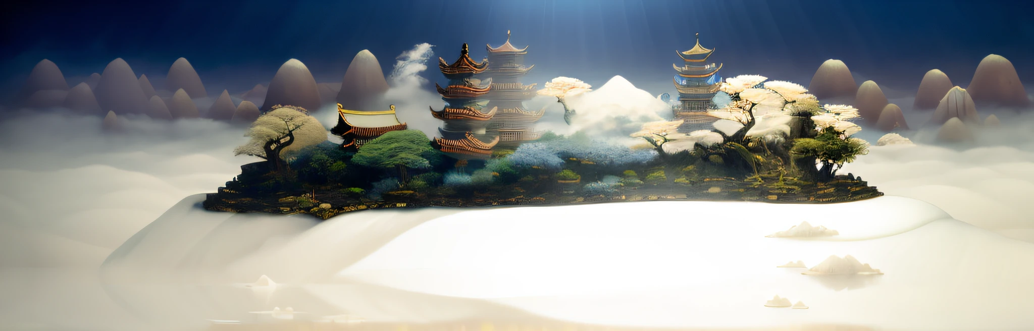 8000 years old mystic style Asian dwellings, cliff cypress trees, mountain peaks, lying in a white cloud wonderland, liquid clouds, emitting spore clouds, surreal water art, glowing flower-shaped clouds, slimy reflections, photos taken with Sony A7R camera, clear focus on the landscape,