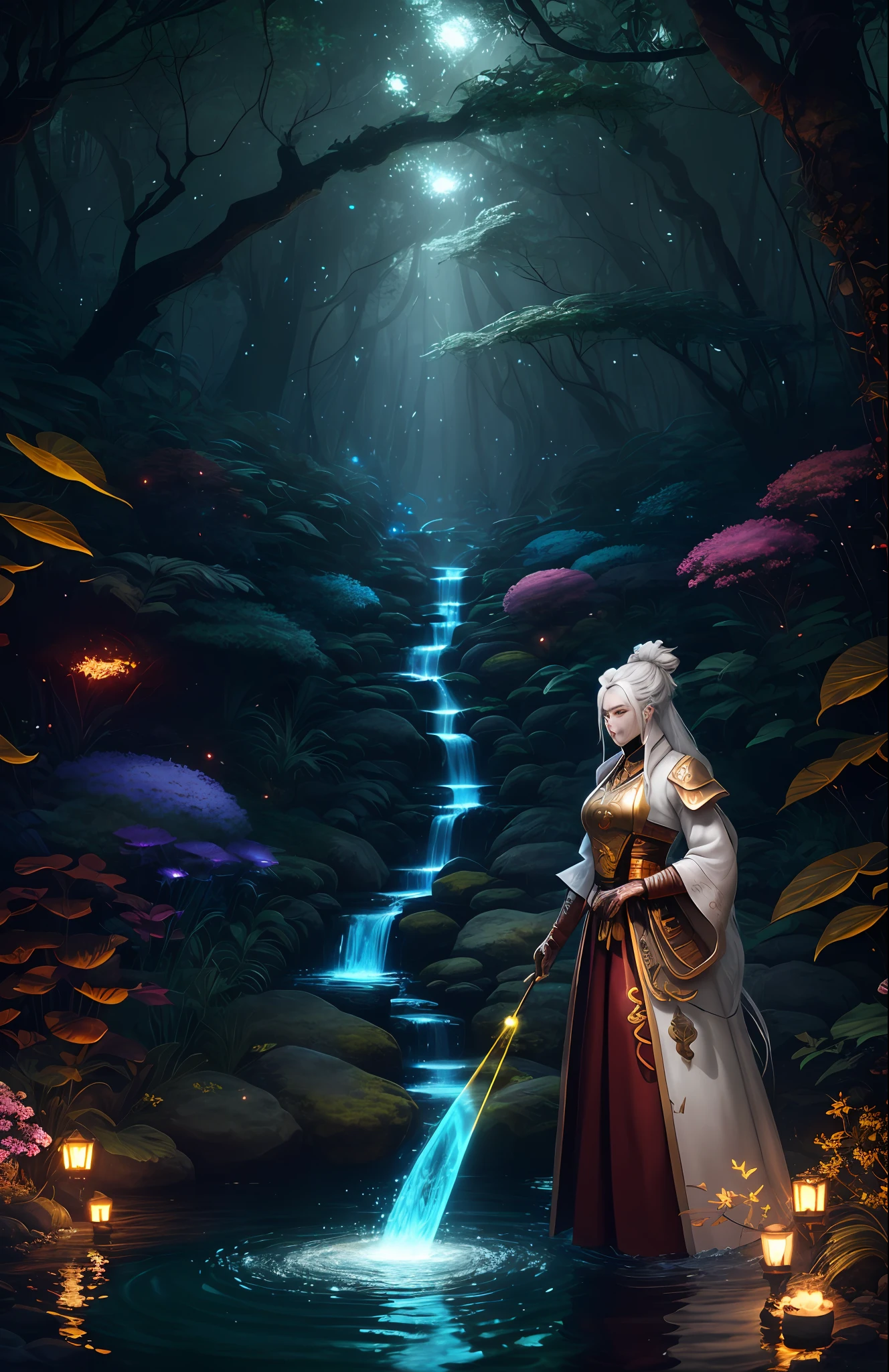 Masterpiece, best quality, (very detailed CG unified 8k wallpaper), (best quality), (best illustration), (best shadow), close-up of a woman with white hair and white mask, beautiful figure painting, Guvitz, Guvitz-style artwork, white-haired god, Yang J, epic exquisite character art, amazing character art, Fan Qi, Wu Jun Shifan, Guviz in pixiv art station, glowing elf, with a glowing deer, drinking water in the pool, Natural elements in forest theme. Mysterious forest, beautiful forest, nature, surrounded by flowers, delicate leaves and branches surrounded by fireflies (natural elements), (jungle theme), (leaves), (branches), (fireflies), (particle effects) and other 3D, Octane rendering, ray tracing, super detailed