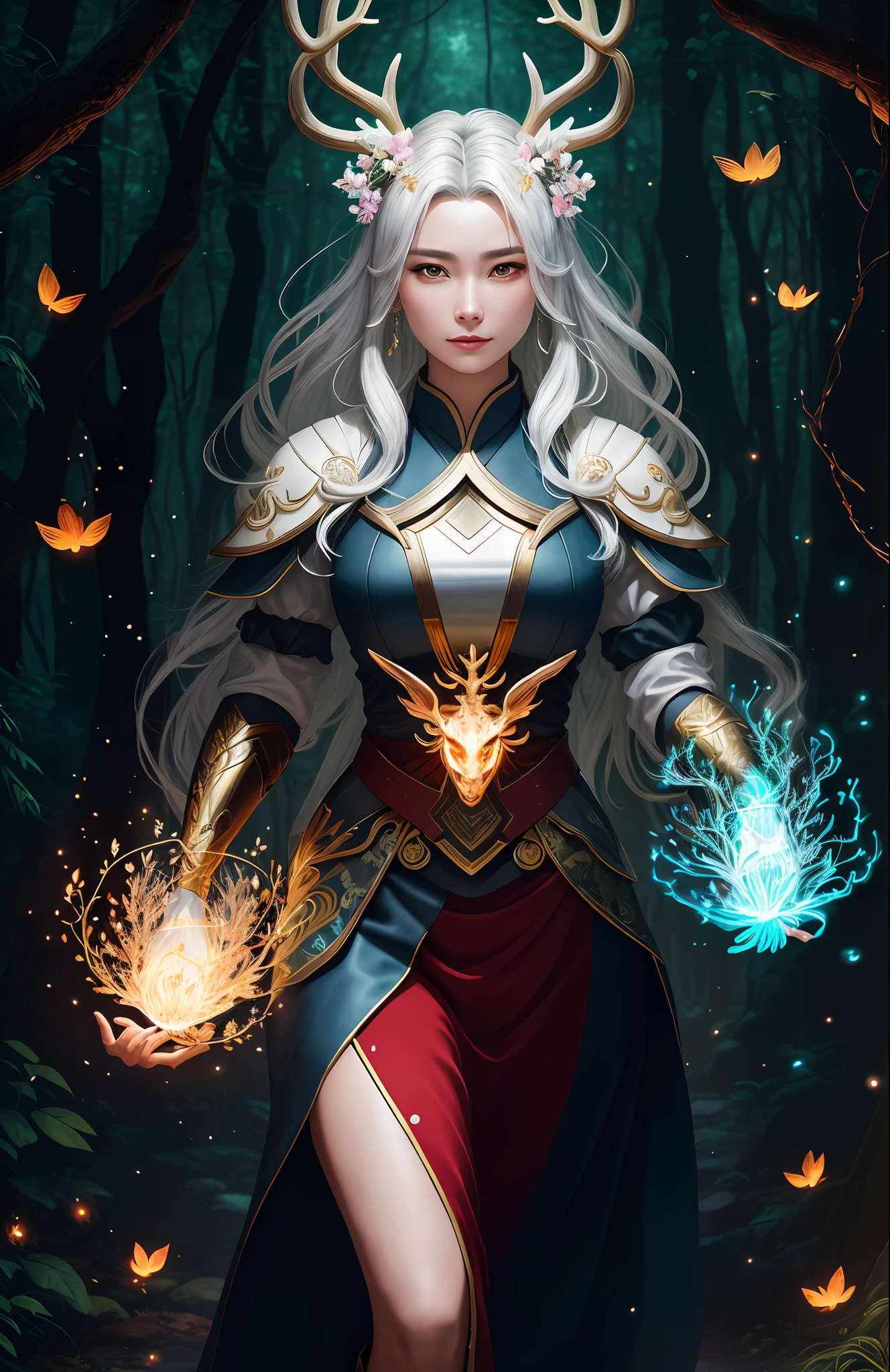 Masterpiece, best quality, (very detailed CG unified 8k wallpaper), (best quality), (best illustration), (best shadow), close-up of a woman with white hair and white mask, beautiful figure painting, Guvitz, Guvitz-style artwork, white-haired god, Yang J, epic exquisite character art, amazing character art, Fan Qi, Wu Jun Shifan, Guviz in pixiv art station, glowing elf, with a glowing deer, drinking water in the pool, Natural elements in forest theme. Mysterious forest, beautiful forest, nature, surrounded by flowers, delicate leaves and branches surrounded by fireflies (natural elements), (jungle theme), (leaves), (branches), (fireflies), (particle effects) and other 3D, Octane rendering, ray tracing, super detailed