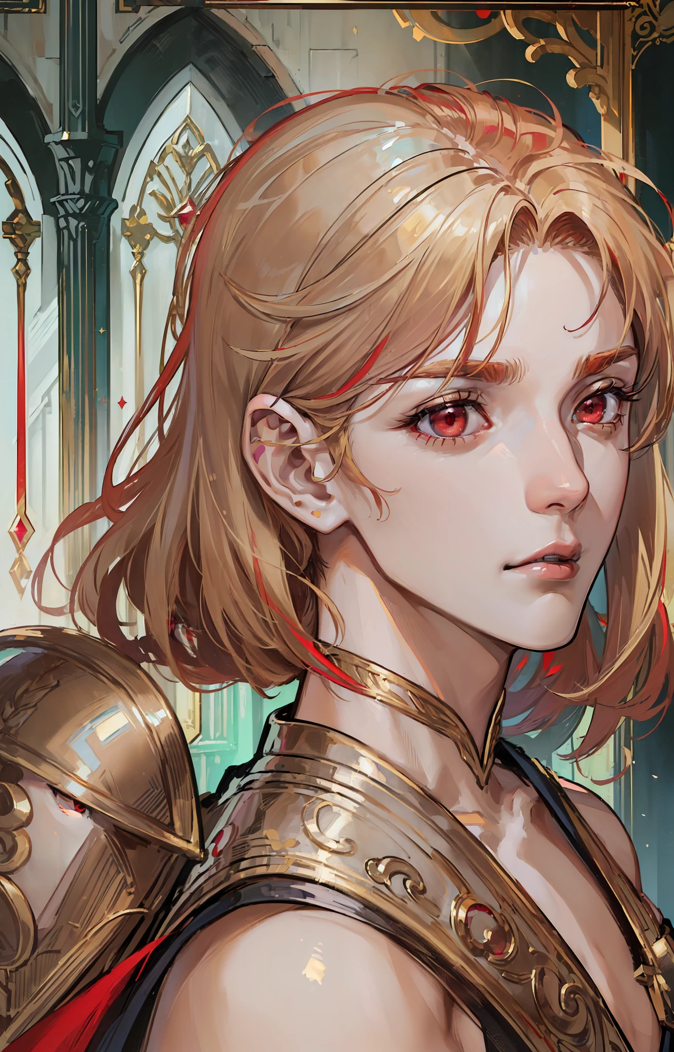 kk, best quality, more details, masterpiece, 1 boy, portrait, male focus, red eyes like rubies, solo, straight bangs, look at the viewer, noble clothes, short straight hair, ((fantasy city, palace))), reflections, (holding a silver sword), (((look would be, serious and beautiful red eyes,))) ((((RED EYES))) (((RUBY EYES))) (((blond hair, golden, straight cut over the shoulders, LAZIO))), luxurious, 8k, detailed, ray tracing, depth of field, cinematic lighting,