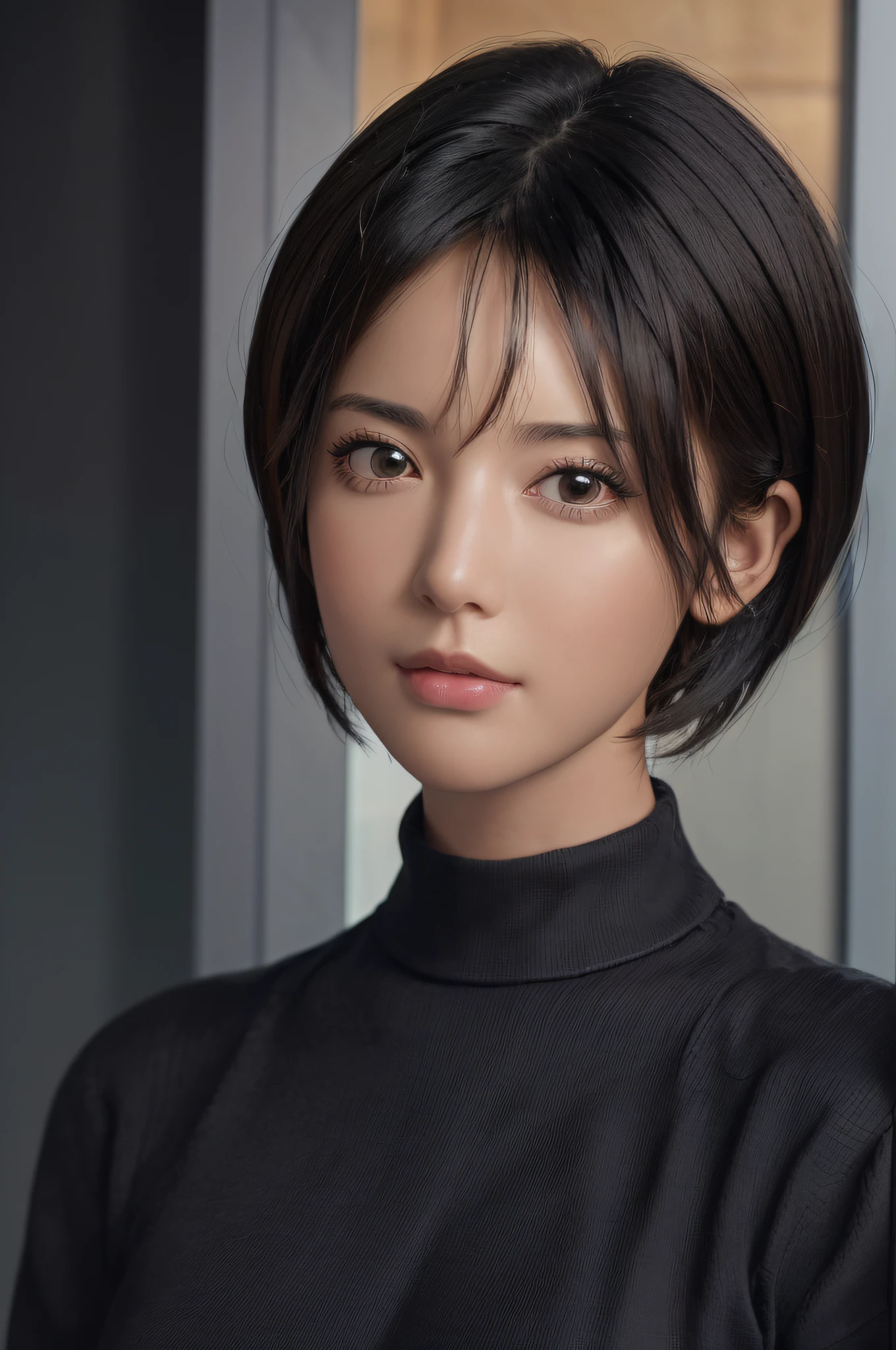 (masterpiece:1.3), (8k, photorealistic, RAW photo, best quality: 1.4), (1girl), beautiful face, (realistic face), (black hair, short hair:1.3), beautiful hairstyle, realistic eyes, beautiful detailed eyes, (realistic skin), beautiful skin, (sweater), absurdres, attractive, ultra high res, ultra realistic, highly detailed, golden ratio