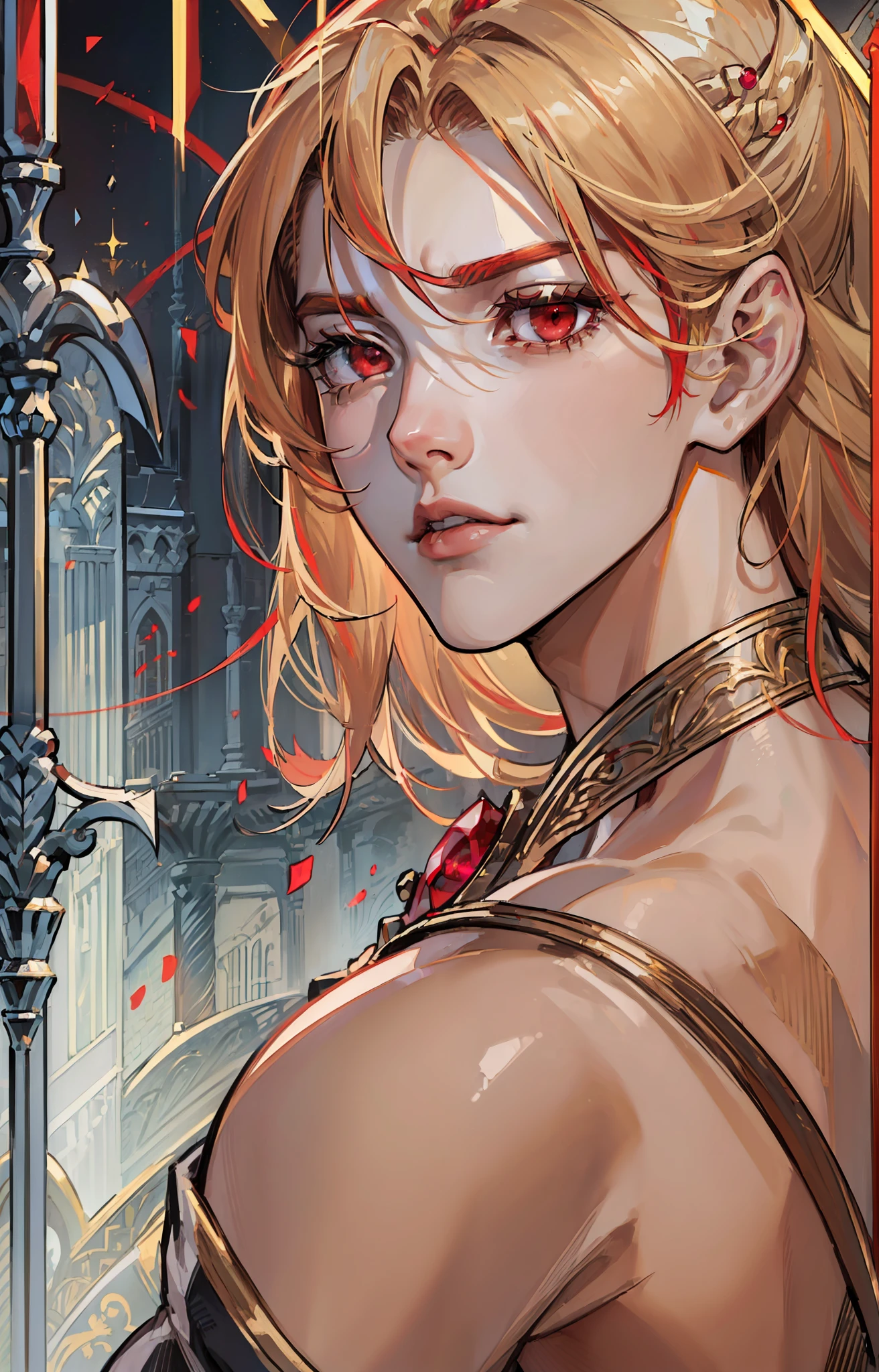 kk, best quality, more details, masterpiece, 1 boy, portrait, male focus, red eyes like rubies, solo, straight bangs, look at the viewer, noble clothes, short straight hair, ((fantasy city, palace))), reflections, (holding a silver sword), (((look would be, serious and beautiful red eyes,))) ((((RED EYES))) (((RUBY EYES))) (((blond hair, golden, straight cut over the shoulders, LAZIO))), luxurious, 8k, detailed, ray tracing, depth of field, cinematic lighting,