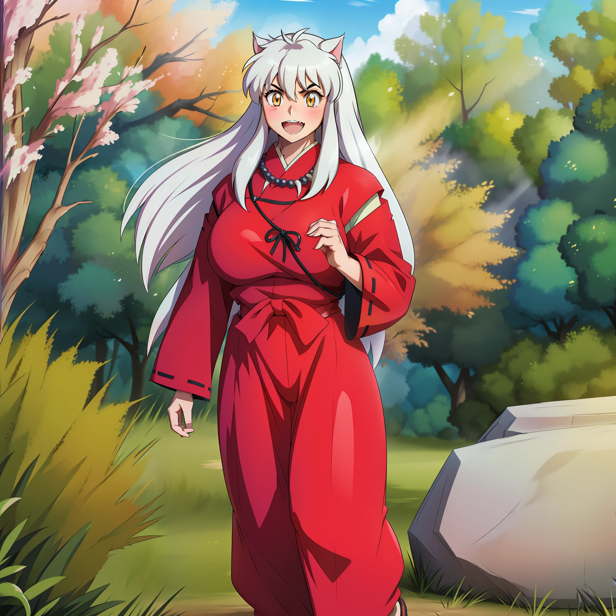 a woman), inuyasha, ((upper body, head turned to the side)), japanese forest with a shrine in the background,daytime, standing,huge breast, curvy, female,fantasyhere is a cartoon picture of a woman with a very large breast, , vest, pants, black hair , holy aura, inspired by Luma Rouge, the non-binary deity of spring, ethereal rainbow nimbus, dog goddess of fire, inspired by Marie Angel, glowing aura around her, as the goddess of the sun, “uwu the prismatic person, big breast, happy, beautiful eyes, , full body, walking, long robe, long dre, nun, priestess ,holy, venus body, curvy, huge breast, forest,walking,smile,sharpteeth, black cloaths,coat,1girl,long skirt, walking, smile, blush, happy, open mouth,martial arts