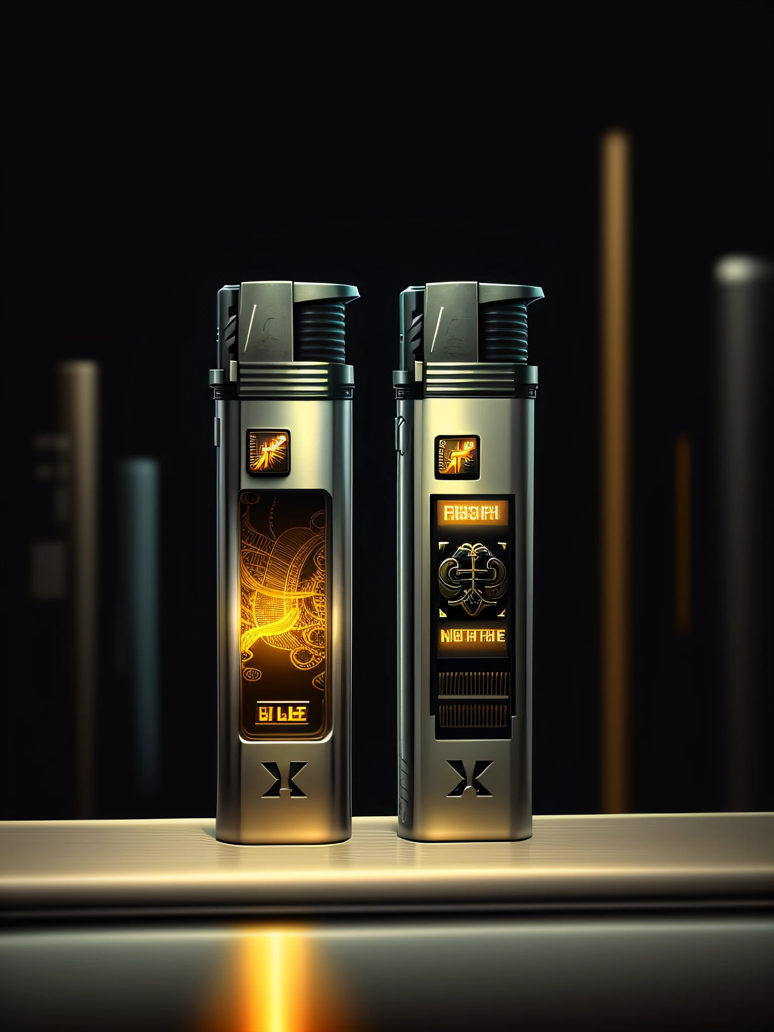 The lighter is made of metal, cyberpunk style, ((intricate details)), HDR, ((intricate details, hyper details)), vacuum tube or tube, movie background, vignette, bokeh effect background