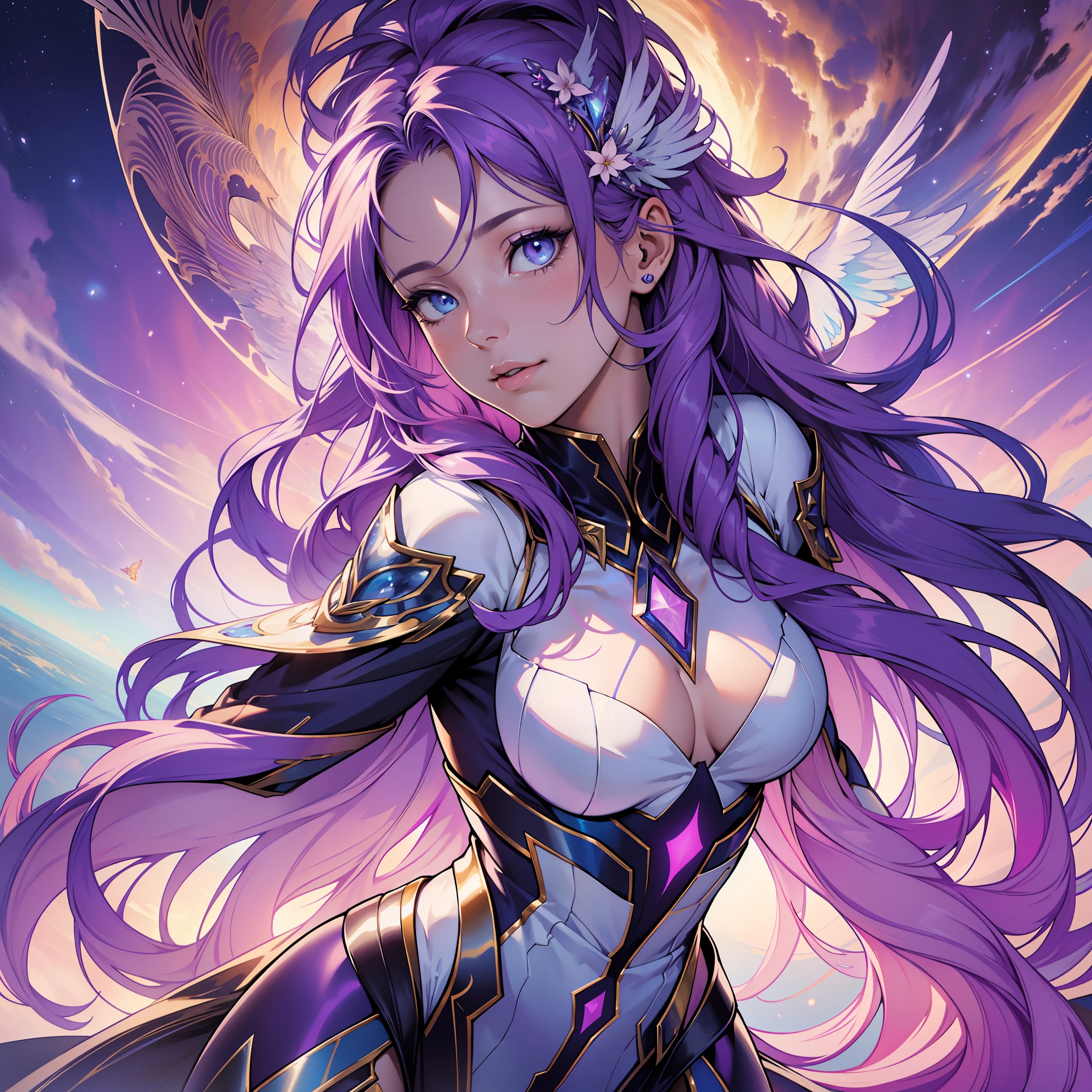 ((realistic: 1.5)),((best quality)), ((masterpiece)),((detailed)), woman, 6 arms, colored hair, purple aura around, celestial armor, 4 angel wings, flying from the skies, luminous colored eyes, volumetric illumination, mystical creature