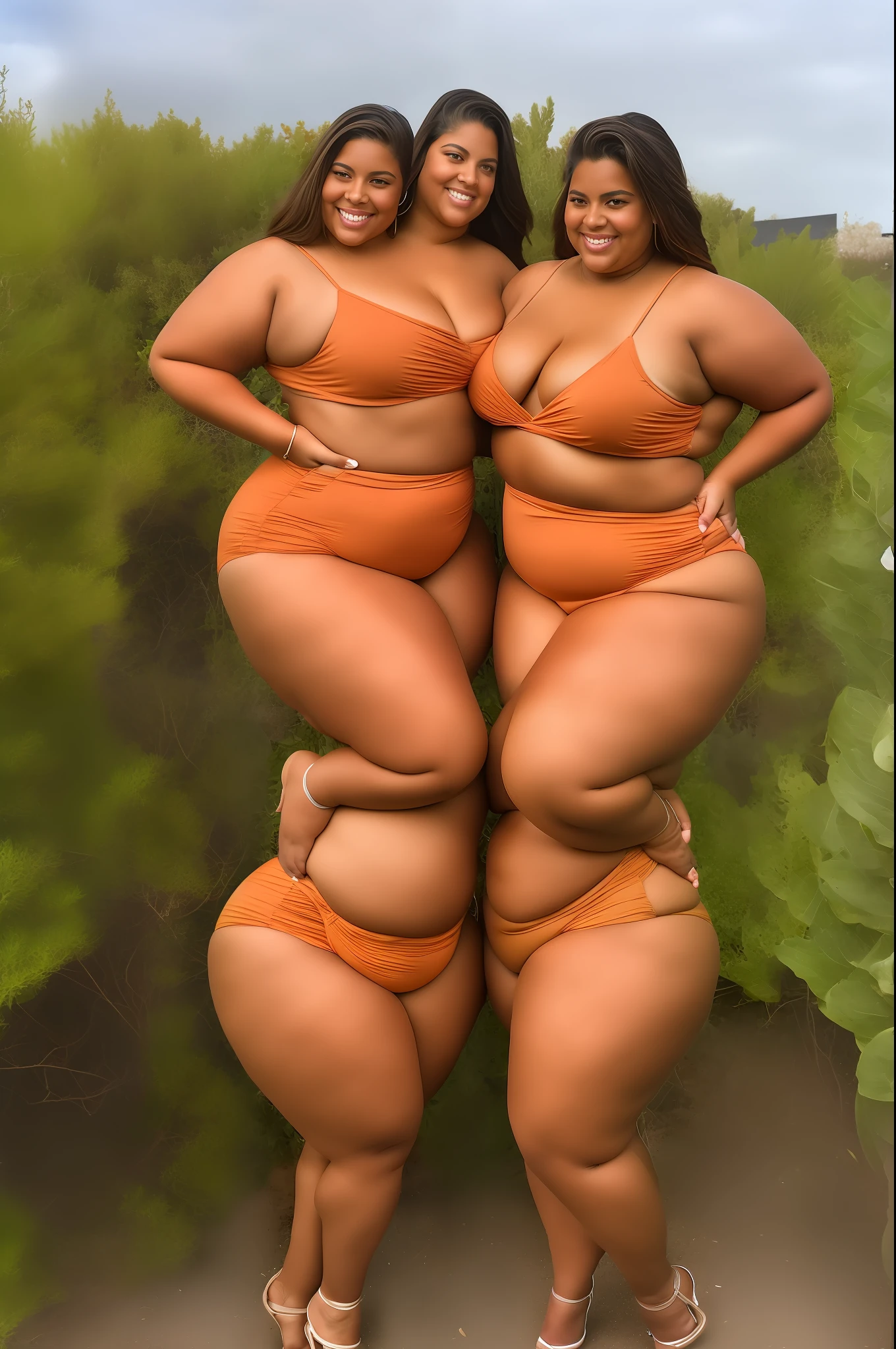2heads, broad shoulders,  heads side by side, conjoined, a curvy woman with wide-angle shot, featuring curvy thighs with smooth skin and soft lighting. The thighs should be thick with a gentle curve and defined muscles. Tan skin, tan lines, The overall look should be voluptuous thighs with a subtle shine and a soft glow ,