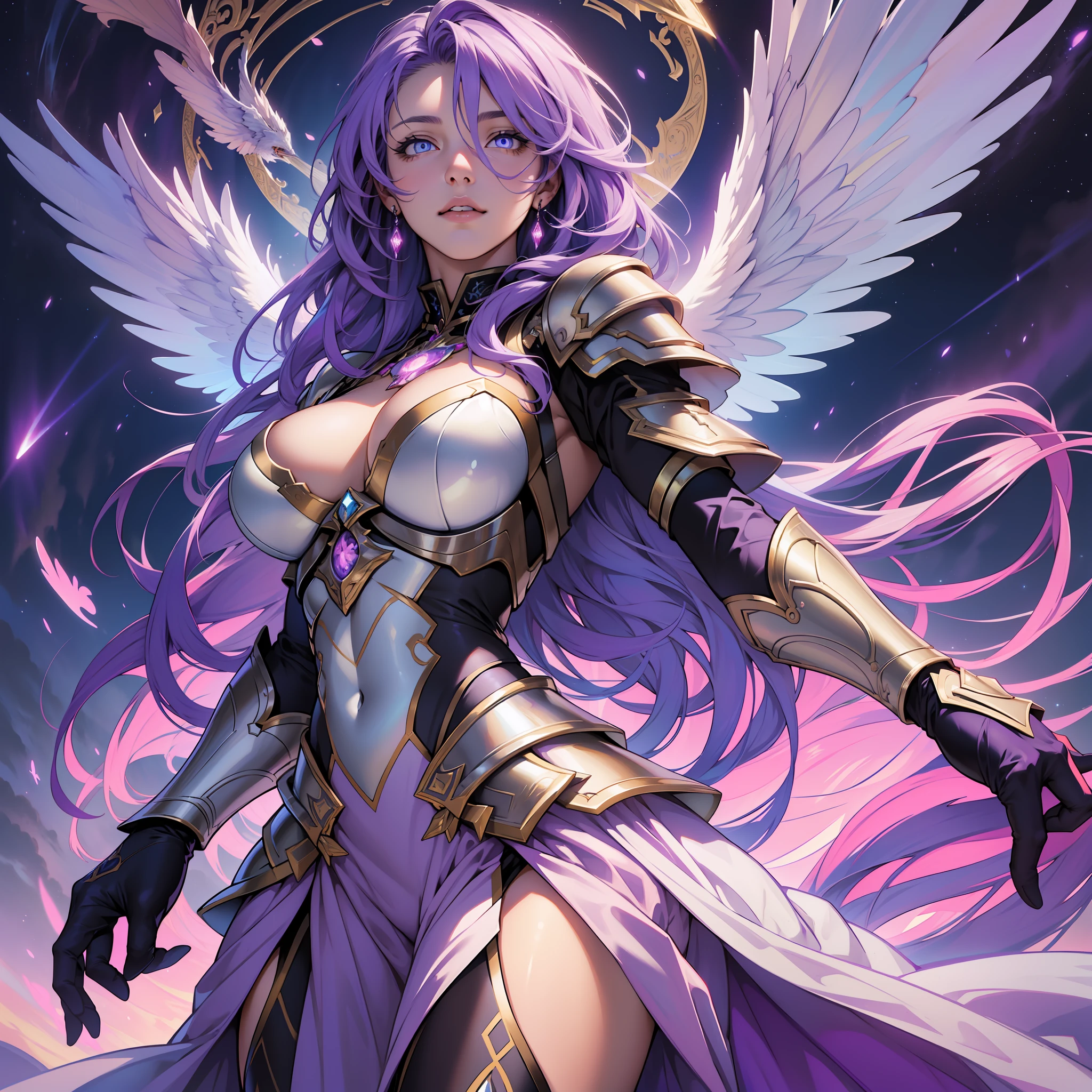 ((realistic: 1.5)),((best quality)), ((masterpiece)),((detailed)), woman, 6 arms, colored hair, purple aura around, celestial armor, 4 angel wings, flying from the skies, luminous colored eyes, volumetric illumination, mystical creature