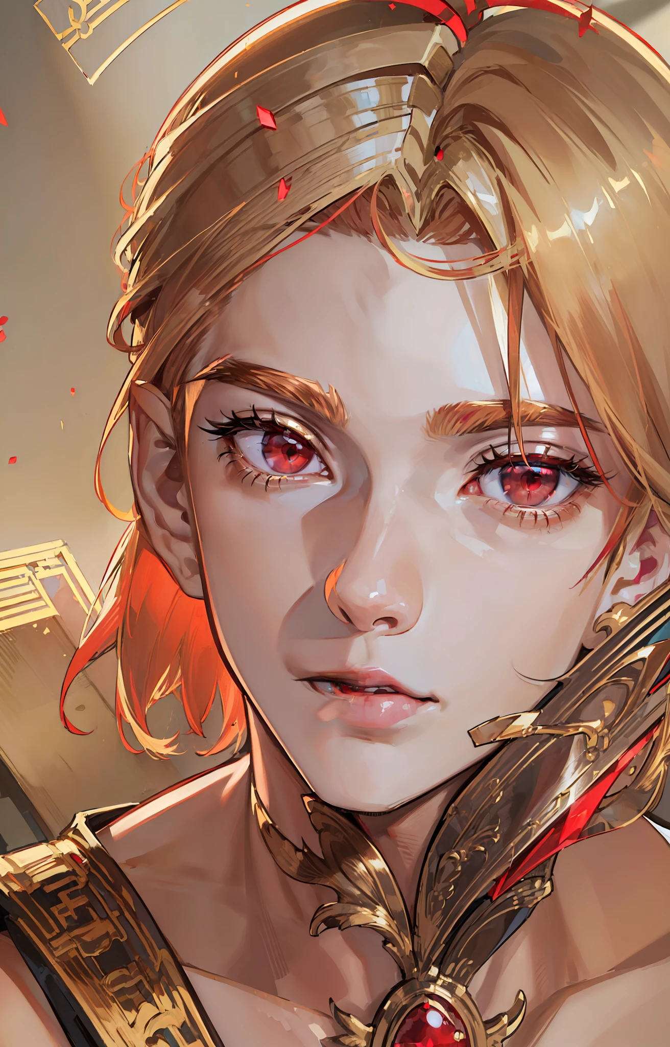 kk, best quality, more details, masterpiece, 1 boy, portrait, male focus, red eyes like rubies, solo, straight bangs, look at the viewer, noble clothes, short straight hair, ((fantasy city, palace))), reflections, (holding a silver sword), (((look would be, serious and beautiful red eyes,))) ((((RED EYES))) (((RUBY EYES))) (((blond hair, golden, straight cut over the shoulders,  LAZIO))), luxurious, 8k, detailed, ray tracing, depth of field, cinematic lighting,