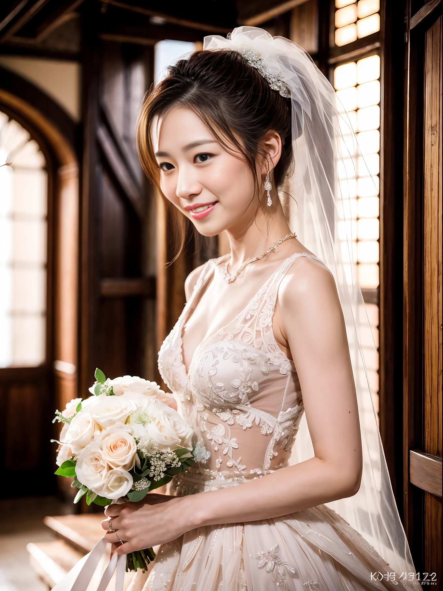 (Masterpiece), (Intricate Details), (Photorealistic: 1.3), (Film Grain: 1.3), (Perfect Anatomy: 1.3), 1 woman, small breasts, smile, tan, short hair, ponytail, (forehead exposure: 1.2),, blush, fine wrinkles, pores, complexion, Korean, K-pop idol, 16 years old, wedding dress, wedding veil, smile, wedding hall, wedding photo,