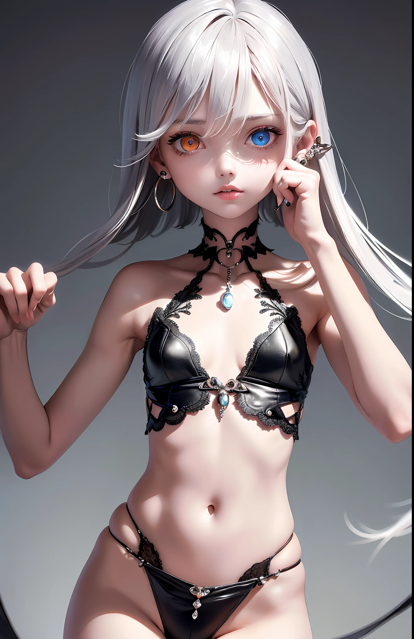 Best, Masterpiece, High Resolution, Best Quality, Ultra HD, Super Detail, Award-Standing, 16K, (Upper Body), Anatomically Correct, Beautiful Maiden, Gray Hair, Hair Strands, ((Heterochromia)), Hanging Eye Corners, Fair Skin, (Small), (Slim Body), ((Buruma)), Stud Earrings, (Neck Ring), (Very Very Short Short Glove)
