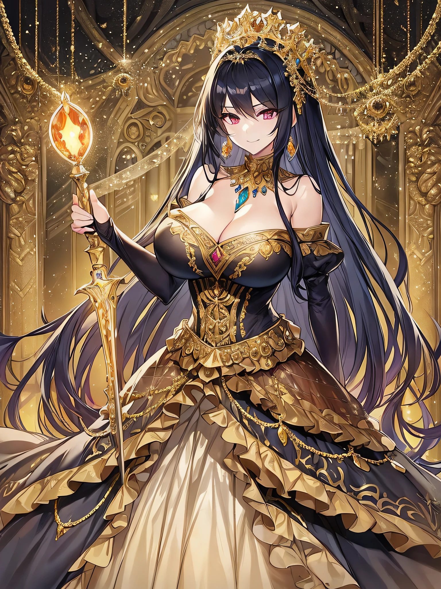 ((anime moe artstyle)),((Masterpiece)), (Best Quality), (Super Detail), Illustration, (((Very Delicate and Beautiful))),Dynamic Angle,Looking at viewer,((((Solo)))),(((Full body))),(((1 arrogant empress in gorgeous black ball gown))),((holding a scepter in one hand)),(standing),dominant pose,(arrogant),(((haughty smile))),Purple eyes,(Sharp eyes),Detailed Face, Long Eyelashes,Jet Black Hair,Straight Hair,((Very Long Hair)),Bangs between eyes,((((gigantic breasts)))),cleavage,((skindentation)),curvy,off shoulder,See-through,(gorgeous embroidered ruffled black and gold rococo ball gown),(fluffy rococo ball gown with gorgeous embroidery),((gold trim)),(((hoop skirt))),long skirt,corset,crinoline,opera gloves,Beautifully Gorgeous jeweled big tiara,Beautifully Gorgeous gem earrings,Beautifully Gorgeous jeweled necklace,Beautifully Gorgeous jeweled ornaments,indoor,light particles,royal palace,