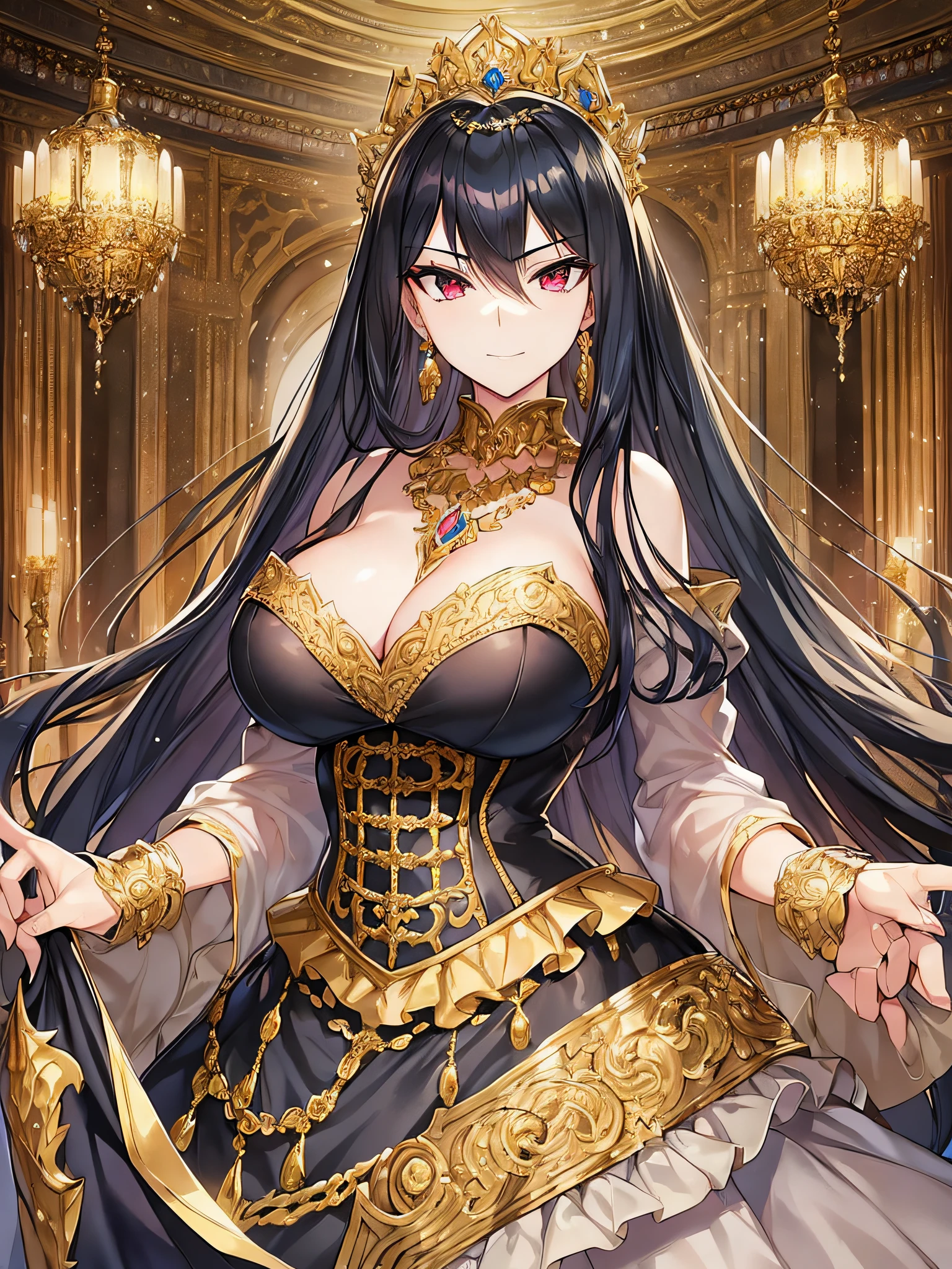 ((anime moe artstyle)),((Masterpiece)), (Best Quality), (Super Detail), Illustration, (((Very Delicate and Beautiful))),Dynamic Angle,Looking at viewer,((((Solo)))),(((Full body))),(((1 arrogant empress in gorgeous black ball gown))),((holding a scepter in one hand)),(standing),dominant pose,(arrogant),(((haughty smile))),Purple eyes,(Sharp eyes),Detailed Face, Long Eyelashes,Jet Black Hair,Straight Hair,((Very Long Hair)),Bangs between eyes,((((gigantic breasts)))),cleavage,((skindentation)),curvy,off shoulder,See-through,(gorgeous embroidered ruffled black and gold rococo ball gown),(fluffy rococo ball gown with gorgeous embroidery),((gold trim)),(((hoop skirt))),long skirt,corset,crinoline,opera gloves,Beautifully Gorgeous jeweled big tiara,Beautifully Gorgeous gem earrings,Beautifully Gorgeous jeweled necklace,Beautifully Gorgeous jeweled ornaments,indoor,light particles,royal palace,