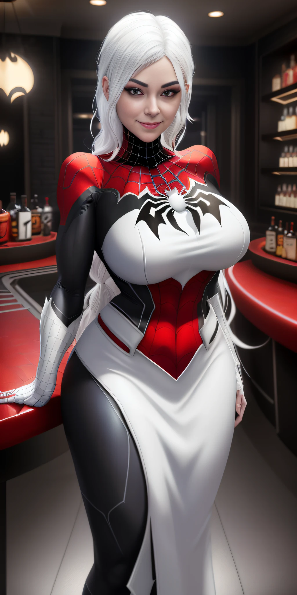 Imagine 16k, Unreal Engine 5, Anime style, [Mortal Kombat| Disney],((Woman| Mummy| Spider-Man| Batman])), ((white hair)), ((red eyes)), looking at the viewer with a smile, in a futuristic liquor bar.