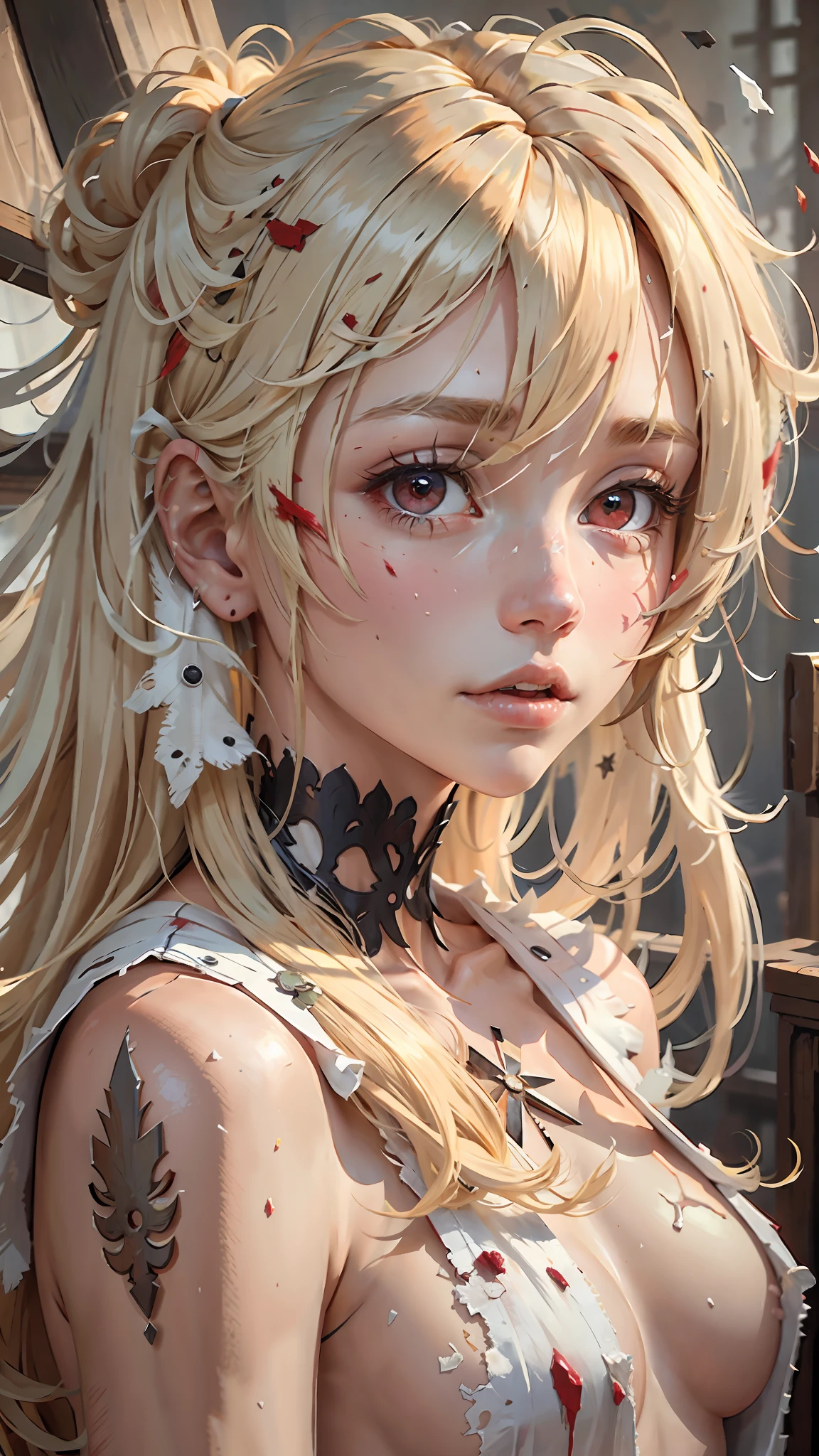 Excellent, masterpiece, blonde hair, red eyes, tattered white clothes, straight eyes, upper body, extremely complex hair, fair skin, scattered hair