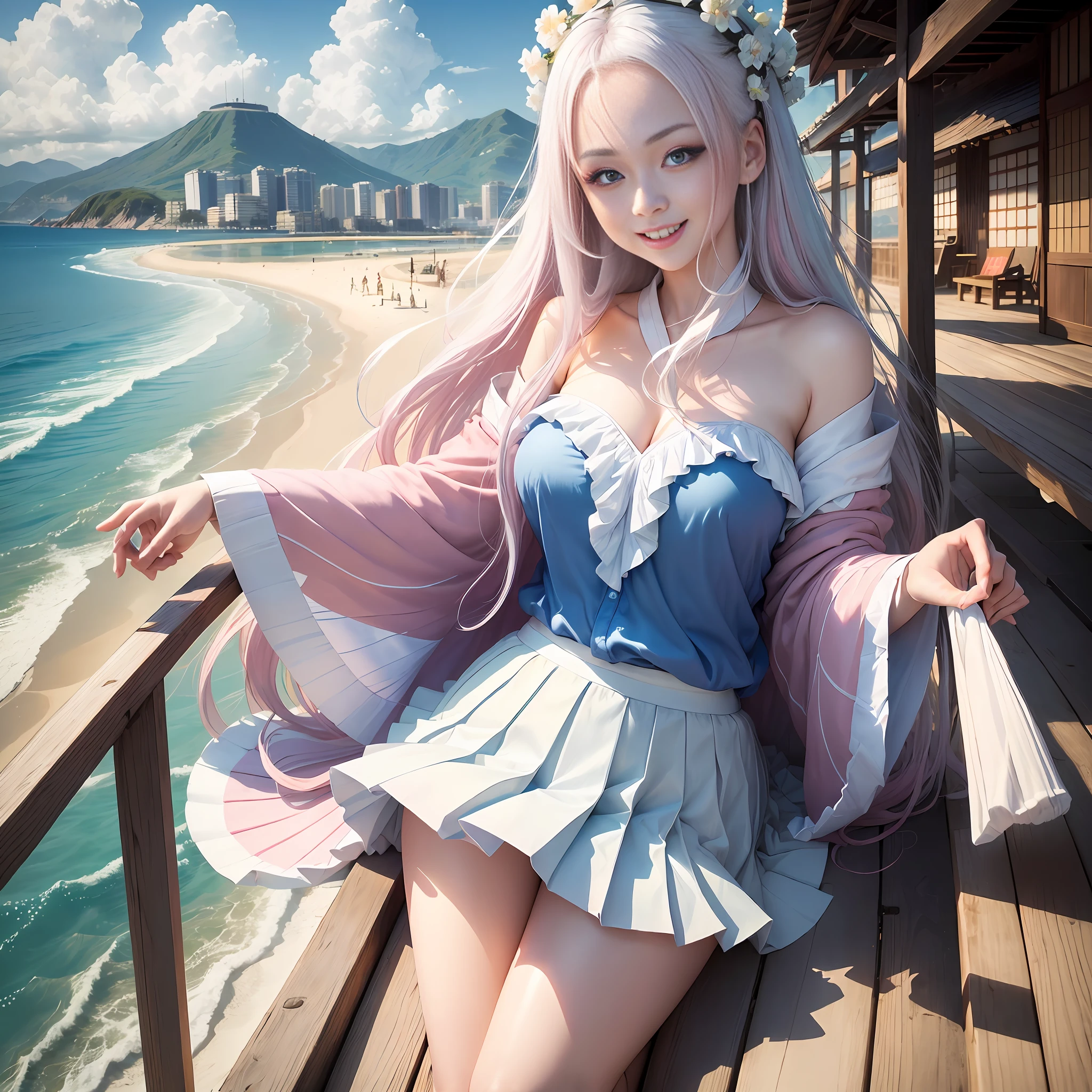 Masterpiece, Sharp Focus, (Beautiful Gorgeous Cute Japanese Woman: 1.3), (Beautiful and Lovely Looking Japanese: 1.3), Japanese Beauty, Delicate Beautiful Hair and Eyes and Face, Realistic, Ultra Detailed, Beautiful Girl, Blue Sky, Glowing White Particles, (Sidelighting: 1.2), Sunlight, White Clouds, Delicate Clouds, Slendid, Cute Big Breasts, Smile, ((Laugh with Eyes Open)), Landscape, Long Straight Hair, Sexy Facial Expressions, (Cityscape: 1.7), dynamic hair, long straight hair, fine platinum-pink hair, glowing blue eyes, (((blue pleated shirt + white skirt))), white stockings, pale skin, epic beach scenery,