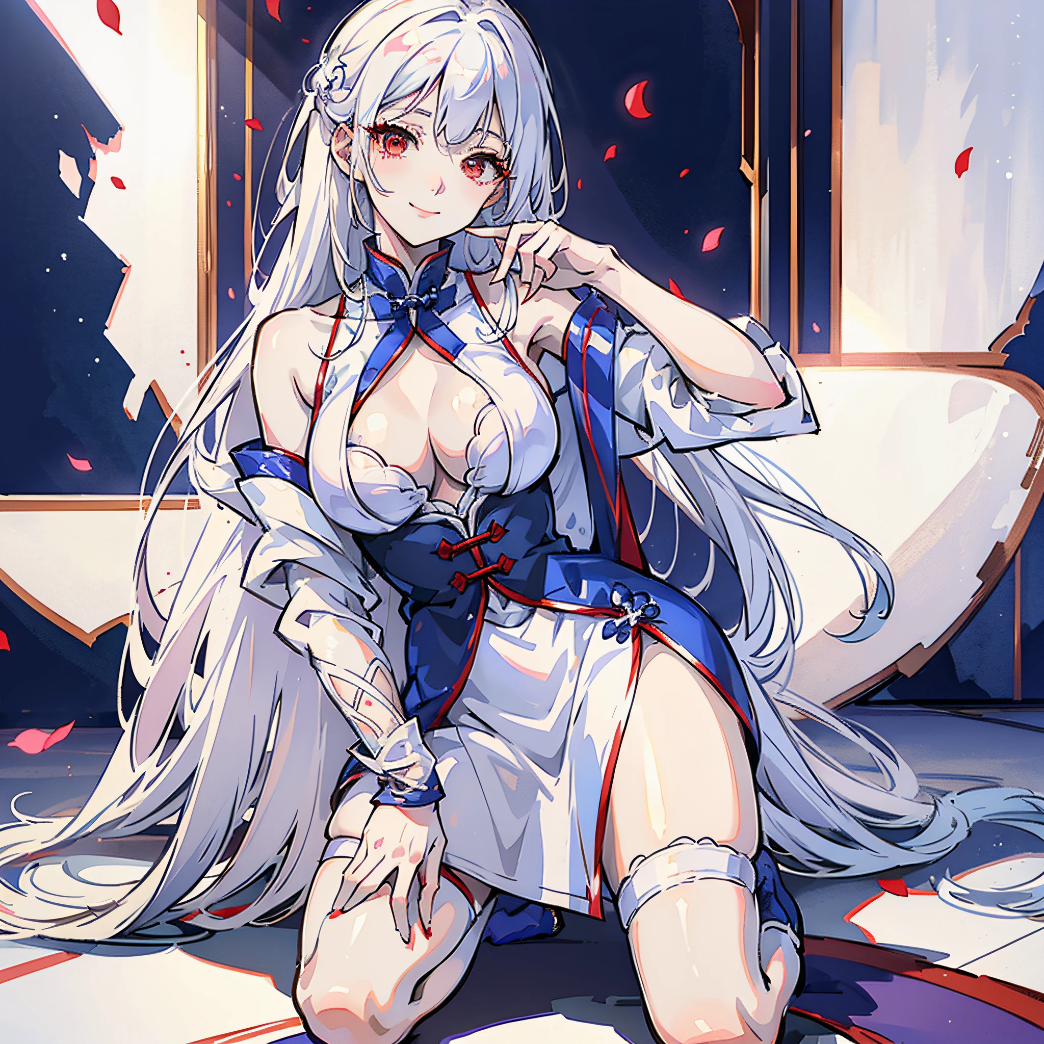 High quality, anime style, white hair, red eyes, vampire, kneeling position, pansy, smile, shiny eyes, hand covering, white silk, blue and white cheongsam, daylight, blue sky --auto --s2