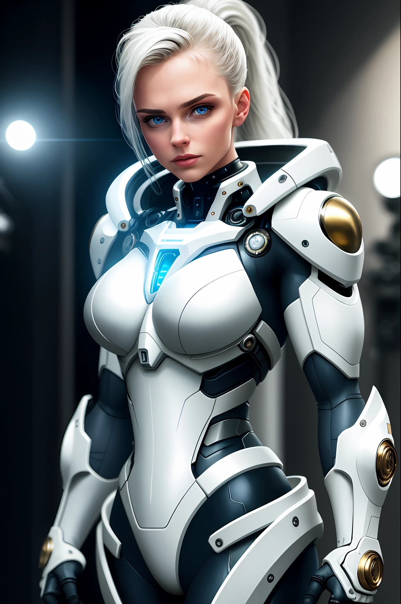 8k, octane rendering, reflective cinematic lighting, intricate details, clean precision, mech suit armor white ceramic armor, glossy white carbon fiber, industrial frame with shiny gold metal inlay (shallow depth of bokeh field:1.1), front cameras. (masterpiece:1.1) (best quality) (detailed) (intricate) (8k) (HDR) (wallpaper) (cinematic lighting) (sharp focus),3D appearance, very beautiful cyborg face, blue eyes, cinematic lighting, dramatic background,