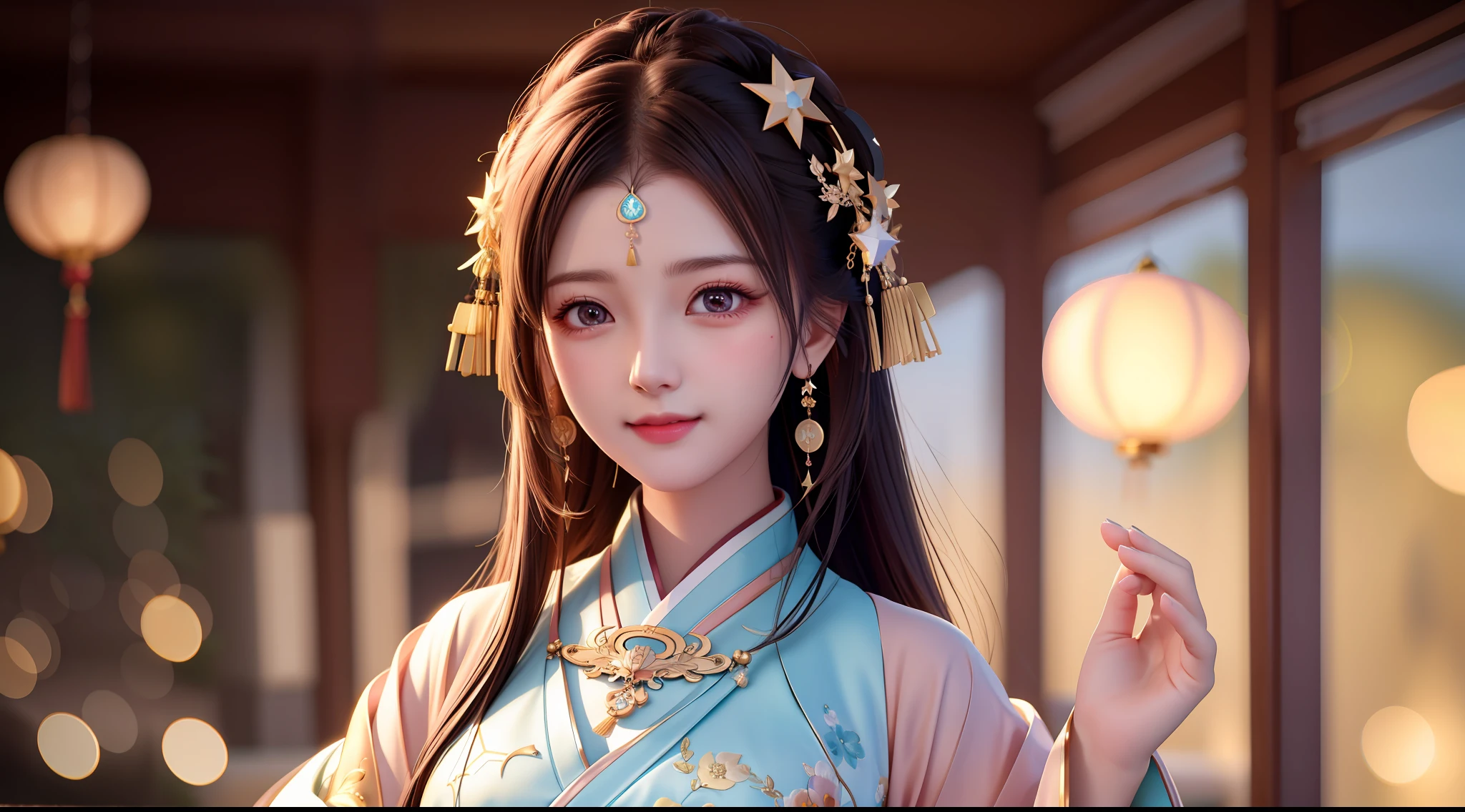 best quality, masterpiece, highres, 1girl,blush,(seductive smile:0.8),star-shaped pupils,china hanfu,hair ornament,necklace, jewelry,Beautiful face,upon_body, tyndall effect,photorealistic, dark studio, rim lighting, two tone lighting,(high detailed skin:1.2), 8k uhd, dslr, soft lighting, high quality, volumetric lighting, candid, Photograph, high resolution, 4k, 8k, Bokeh