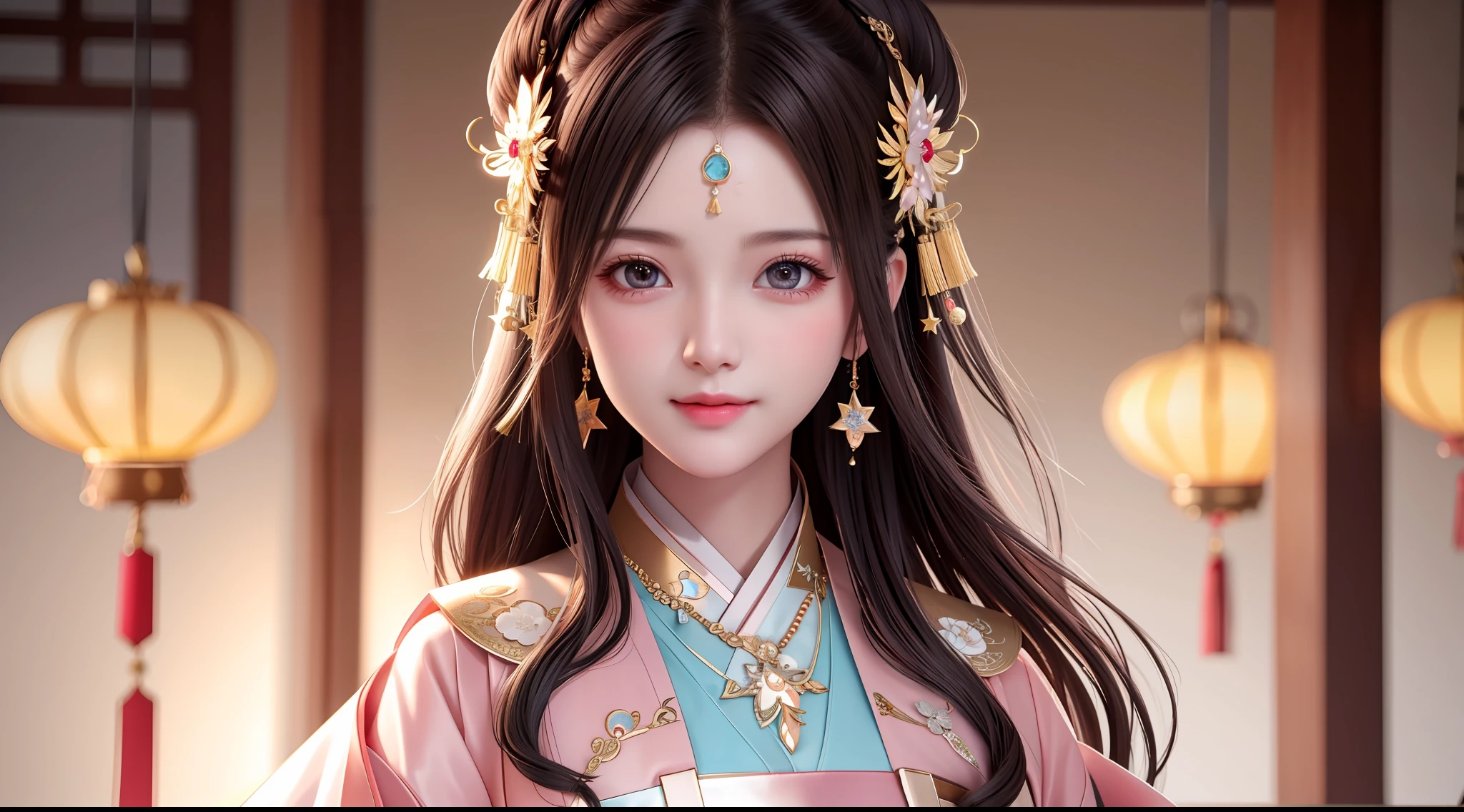 best quality, masterpiece, highres, 1girl,blush,(seductive smile:0.8),star-shaped pupils,china hanfu,hair ornament,necklace, jewelry,Beautiful face,upon_body, tyndall effect,photorealistic, dark studio, rim lighting, two tone lighting,(high detailed skin:1.2), 8k uhd, dslr, soft lighting, high quality, volumetric lighting, candid, Photograph, high resolution, 4k, 8k, Bokeh