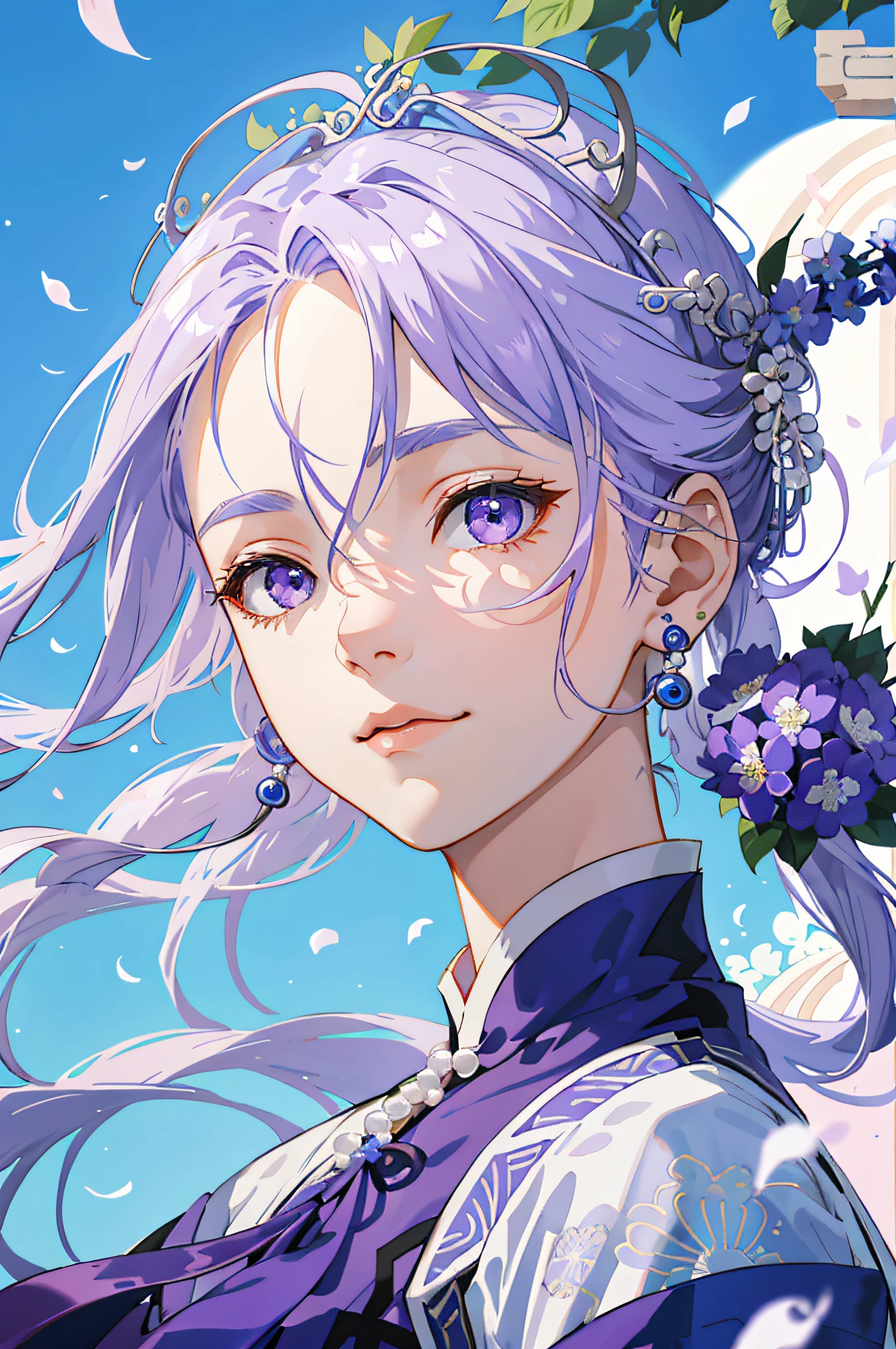 Mature girl, purple eyes, blue-white hair color, floating hair, delicate and flexible eyes, intricate damask hanfu, gorgeous accessories, wearing pearl earrings, fov, f/1.8, masterpiece, ancient Chinese architecture, blue sky, flower petals flying, front portrait shot, Chang'e, side lighting, sunlight on people, 8K