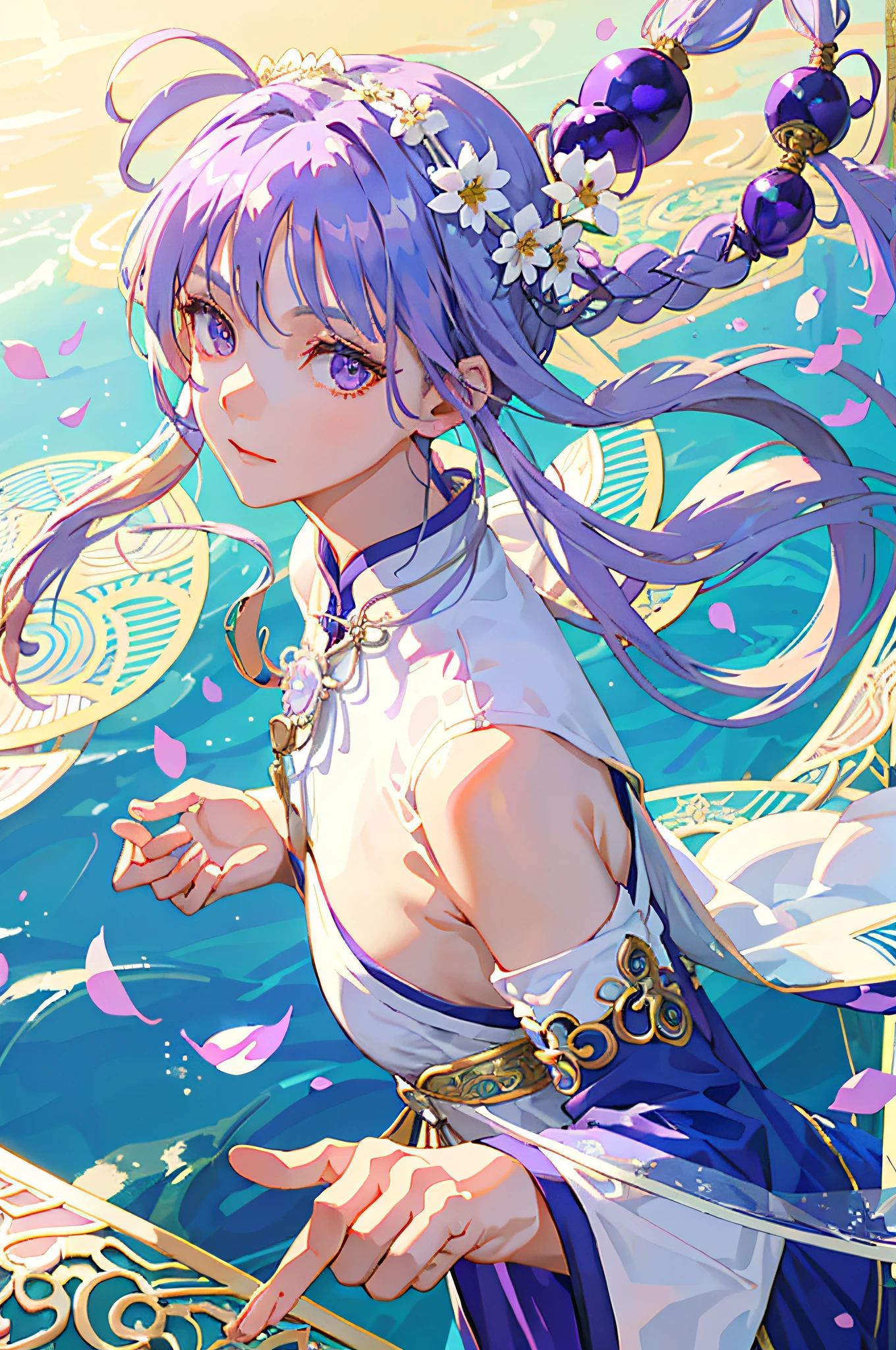 Mature girl, purple eyes, blue-white hair color, floating hair, delicate and flexible eyes, intricate damask hanfu, gorgeous accessories, wearing pearl earrings, fov, f/1.8, masterpiece, ancient Chinese architecture, blue sky, flower petals flying, front portrait shot, Chang'e, side lighting, sunlight on people, 8K