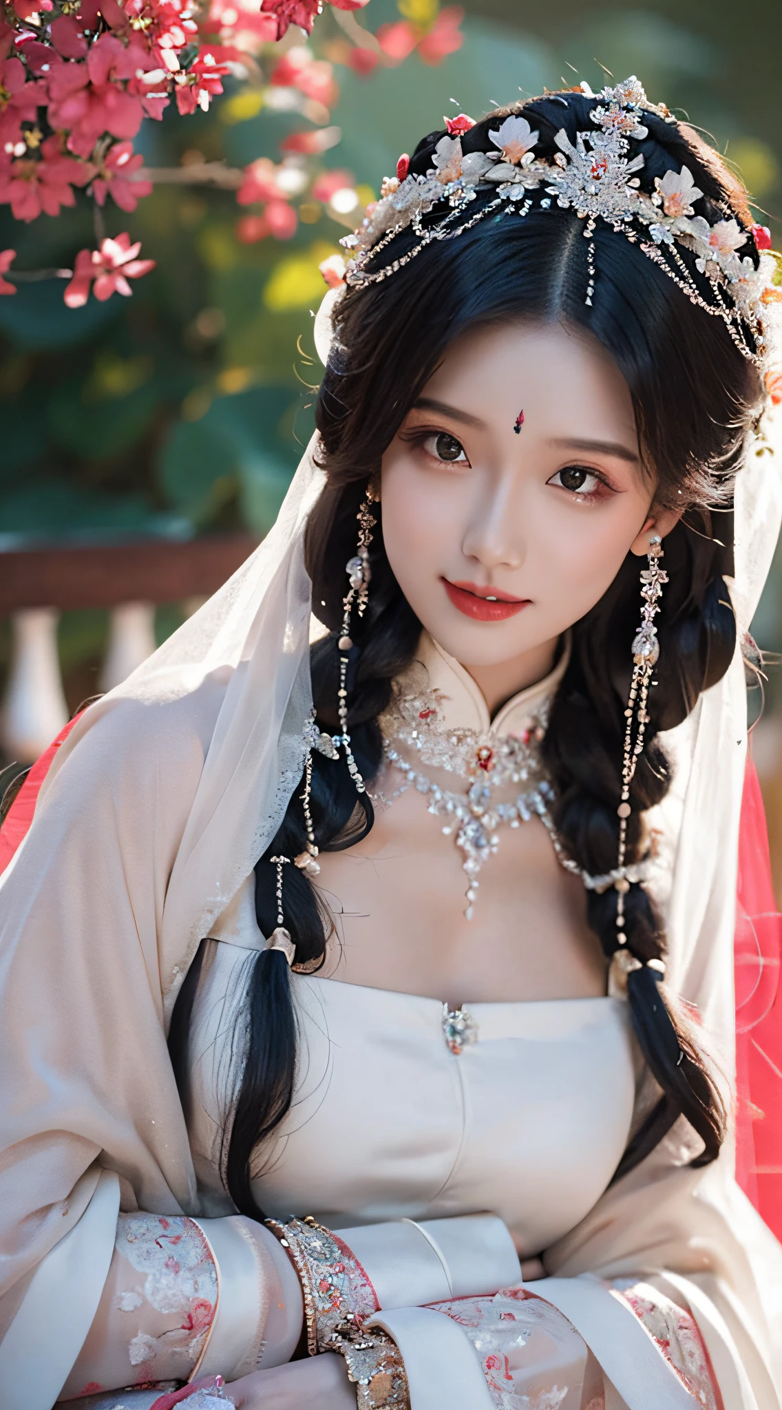 Wedding beauty, character details refinement, wedding dress detail refinement, photomicrograph, high angle, soft light photo, oriental classical beauty, hair bundle, towering headdress, red bridal wedding dress, red hood, real three-dimensional, natural facial expression, natural eyes, smile, highlight the happy mood when married, no background