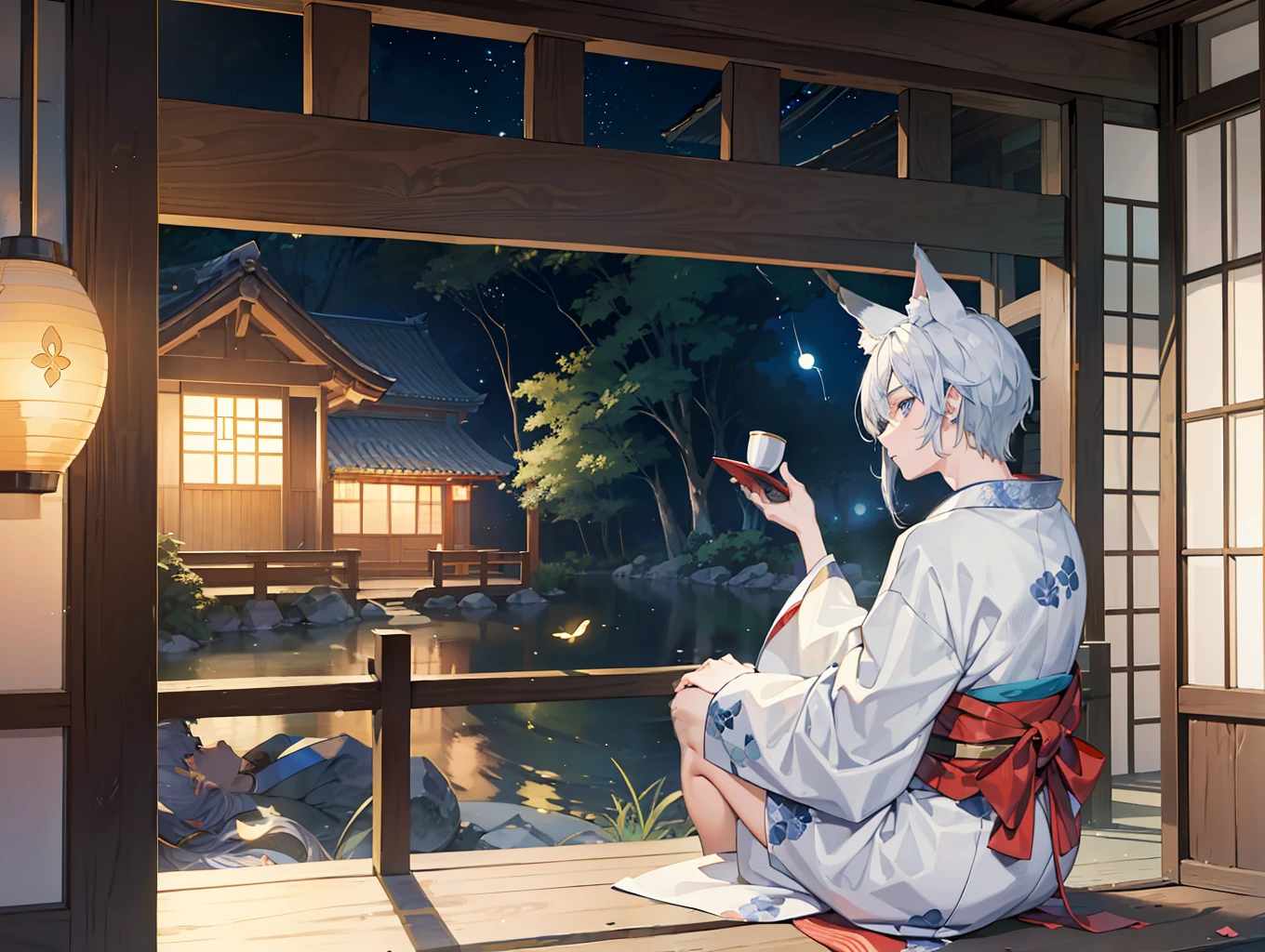 (masterpiece, top quality, best quality, official art, beautiful and aesthetic,1boy:1.5),  A very beautiful 1boy in a kimono is sitting on the porch looking up at the moon. he has a cup A man with silver hair, blue eyes, and a dark kimono has fox ears and multiple fluffy tails on his back. masterpiece background,late night, only the moonlight, the porch of a Japanese house, and fireflies. wide angle ,detailed drawing. 8K wallpaper. High resolution. --s 1000