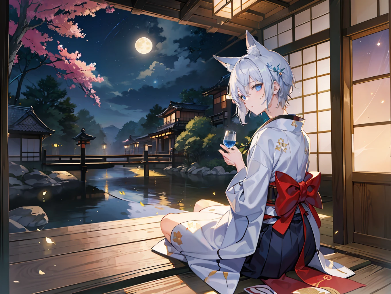 (masterpiece, top quality, best quality, official art, beautiful and aesthetic,1boy:1.5), A very beautiful 1boy in a kimono is sitting on the porch looking up at the moon. he has a cup A man with silver hair, blue eyes, and a dark kimono has fox ears and multiple fluffy tails on his back. masterpiece background,late night, only the moonlight, the porch of a Japanese house, and fireflies. wide angle ,detailed drawing. 8K wallpaper. High resolution. --s 1000