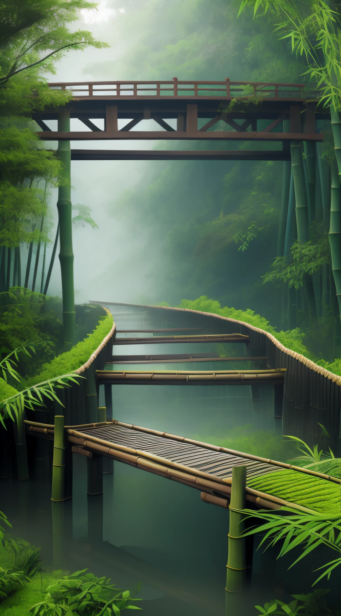 A country full of dream mist, a bridge and an ancient garden, the bamboo forest next door, the wooden bridge wet after the rain, looks extra relaxing, deep field, masterpiece, best quality, 3d, realistic, high quality textures undo infinite blur cinematic 60,30,10