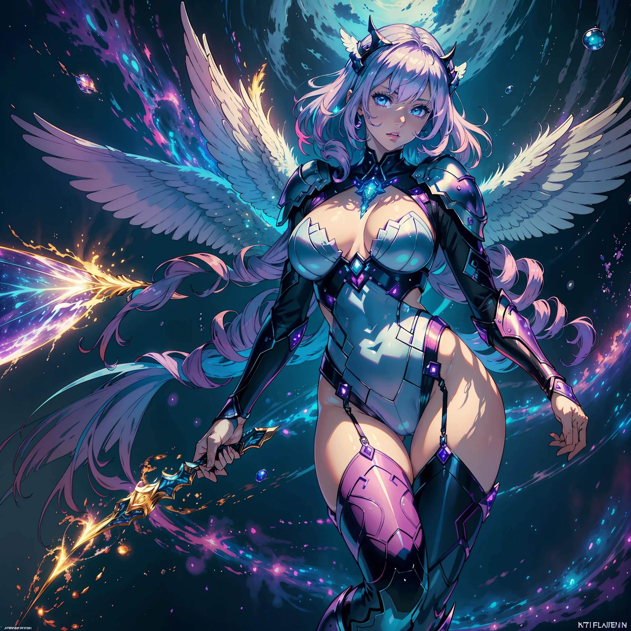 ((realistic: 1.5)),((best quality)), ((masterpiece)),((detailed)), mystical atura 6 arms, colored hair, purple aura around, celestial armor, 4 angel wings, flying from the skies, luminous colored eyes, volumetric illumination, 3 breasts, large breasts, large thigh