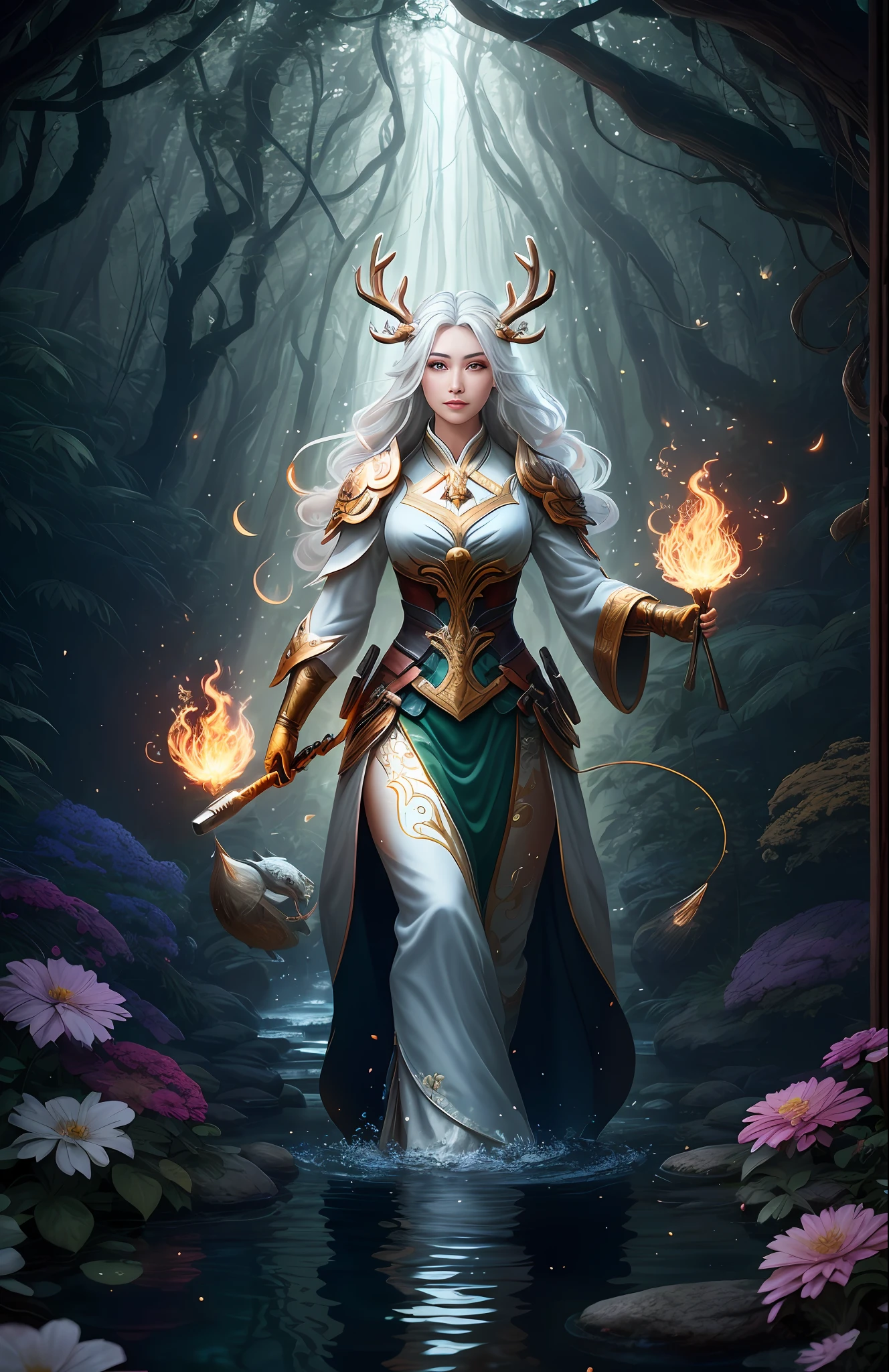 Masterpiece, best quality, (very detailed CG unified 8k wallpaper), (best quality), (best illustration), (best shadow), close-up of a woman with white hair and white mask, beautiful figure painting, Guvitz, Guvitz-style artwork, white-haired god, Yang J, epic exquisite character art, amazing character art, Fan Qi, Wu Jun Shifan, Guviz in pixiv art station, glowing elf, with a glowing deer, drinking water in the pool, Natural elements in forest theme. Mysterious forest, beautiful forest, nature, surrounded by flowers, delicate leaves and branches surrounded by fireflies (natural elements), (jungle theme), (leaves), (branches), (fireflies), (particle effects) and other 3D, Octane rendering, ray tracing, super detailed