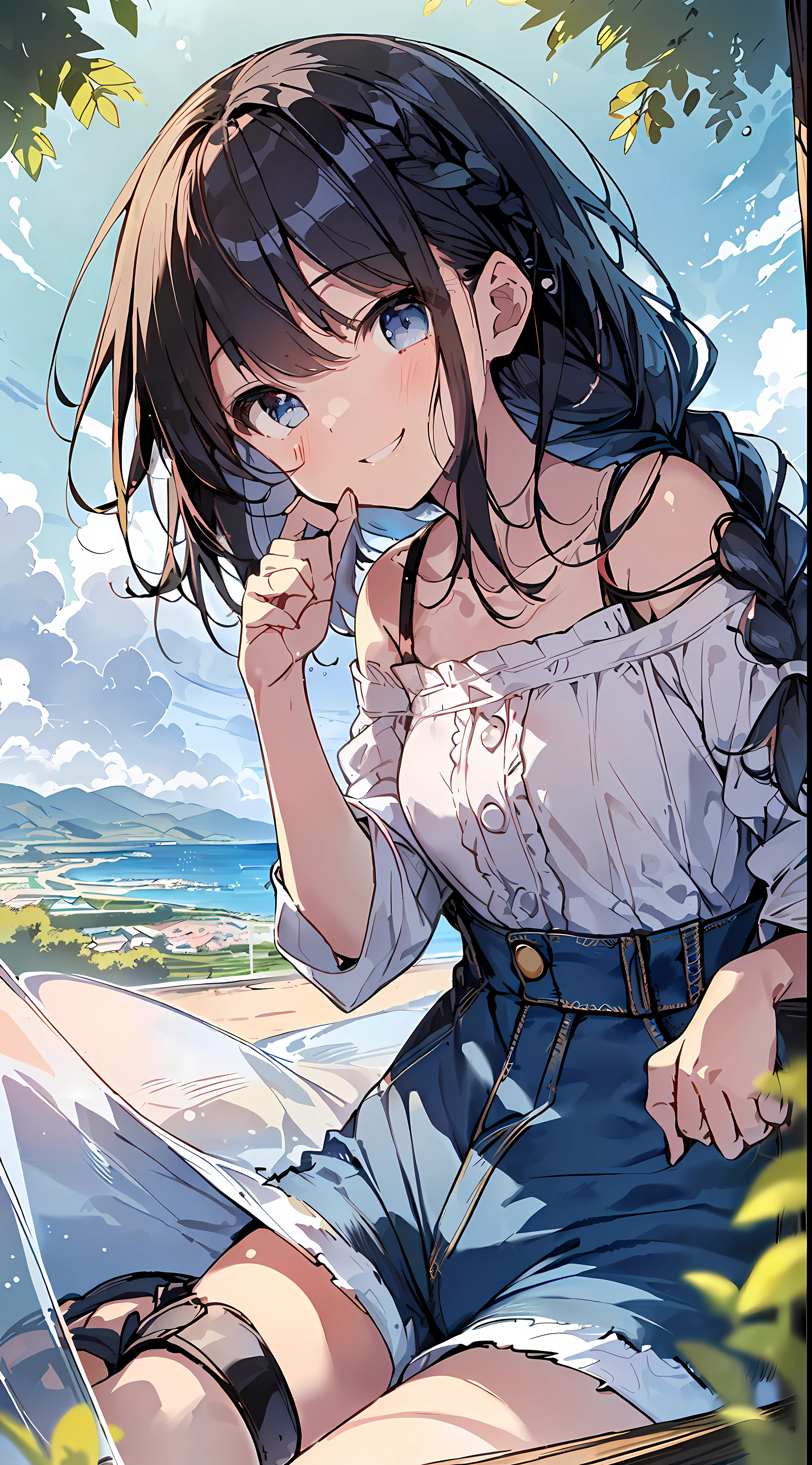 Top Quality, Masterpiece, Ultra High Definition, 8K, Summer Sky, Early Summer, (((Shirt Dress, Denim Shorts, Sandals), Shojo Manga Style , One, Soft Line Art, Digital Enhancement, Shojo Manga Touch, Shojo Manga Core, Flowing Fabric, Close Up, (Hair length and short braid to the shoulders)), wet hair, staring at us from the front, soft drawing, Beautiful black hair, clear eyes, ((teasing smile)), ultra-detailed digital anime art, clear face depiction, ultra-detailed shojo manga character art, ultra-detailed manga style, top quality colors, hand gestures, landscape with nature, looking up at the sky, angle that can see up to your feet
