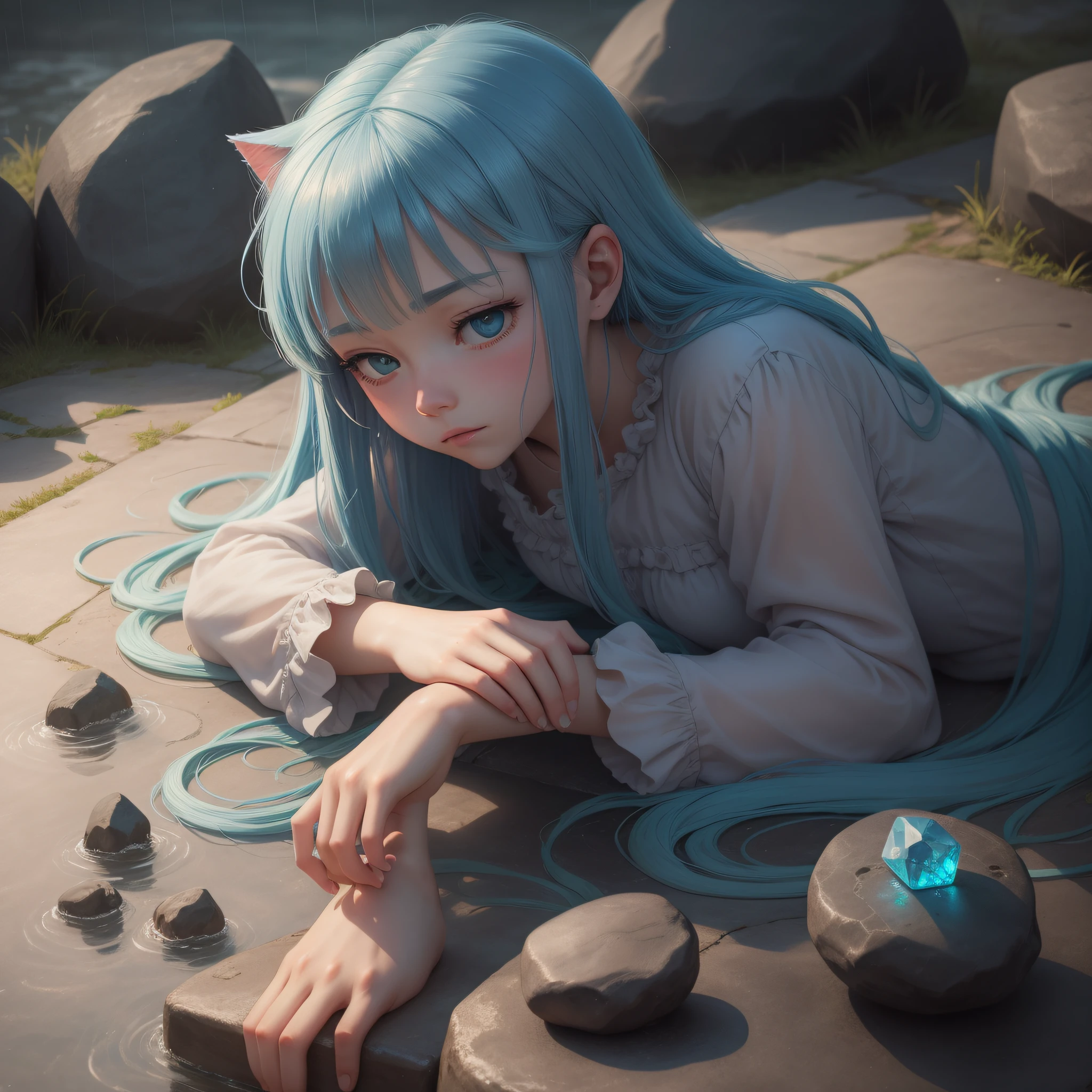 Pixel wind, lofi music, sadness, cat lying on a stone, light rain, a two-dimensional girl looking sadly into the distance, the girl has long blue hair, a sense of quiet atmosphere, the highest quality, the highest quality, ultra-clear resolution, masterpiece Holding stones in both hands --auto --s2