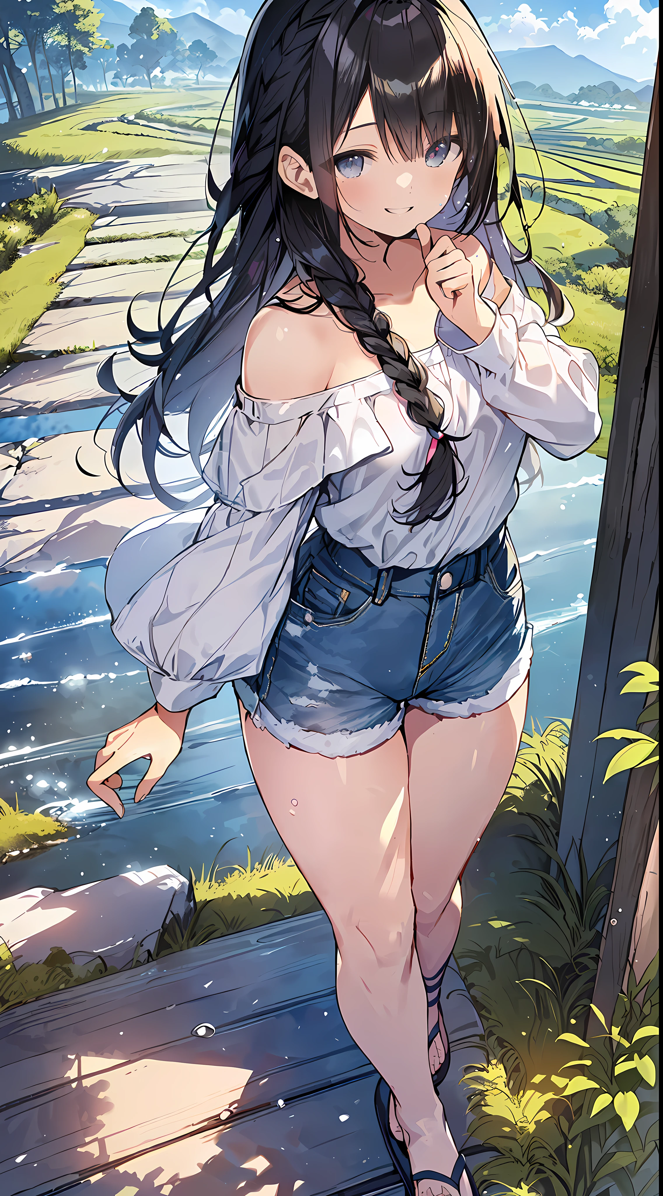 Top Quality, Masterpiece, Ultra High Definition, 8K, Summer Sky, Early Summer, (((Shirt Dress, Denim Shorts, Sandals), Shojo Manga Style Loli, One, Soft Line Art, Digital Enhancement, Shojo Manga Touch, Shojo Manga Core, Flowing Fabric, Close Up, (Hair length and short braid to the shoulders)), wet hair, staring at us from the front, soft drawing, Beautiful black hair, clear eyes, ((teasing smile)), ultra-detailed digital anime art, clear face depiction, ultra-detailed shojo manga character art, ultra-detailed manga style, top quality colors, hand gestures, landscape with nature, looking up at the sky, angle that can see up to your feet