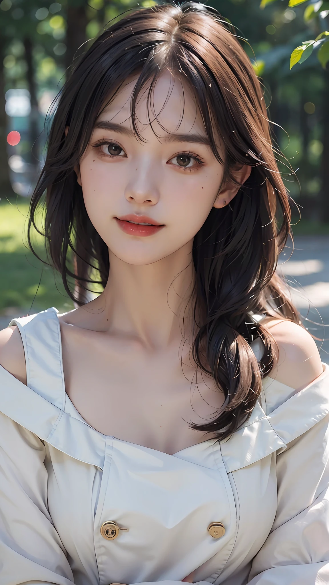 8K, Equal Eyes, Top Quality, Real Image, Complex Detail, Ultra Detail, Ultra Detail, Ultra Definition, Depth Field, (Photorealistic, Real: 1.2), Masterpiece, Good Hand, 4K, Japan People, 1girl, Fine Skin, Sharp Focus, (Film Lighting), Clavicle, Soft Lighting, Round Nose, Dynamic Angle, ( Detailed Face 1.2), Medium Breasted, Full Body, Lipstick,Eye Bag, Smile, Black Hair, Bangs, Blouse